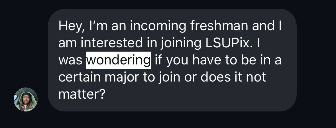 A dark themed messaging chat interface displays a conversation about joining a university group.