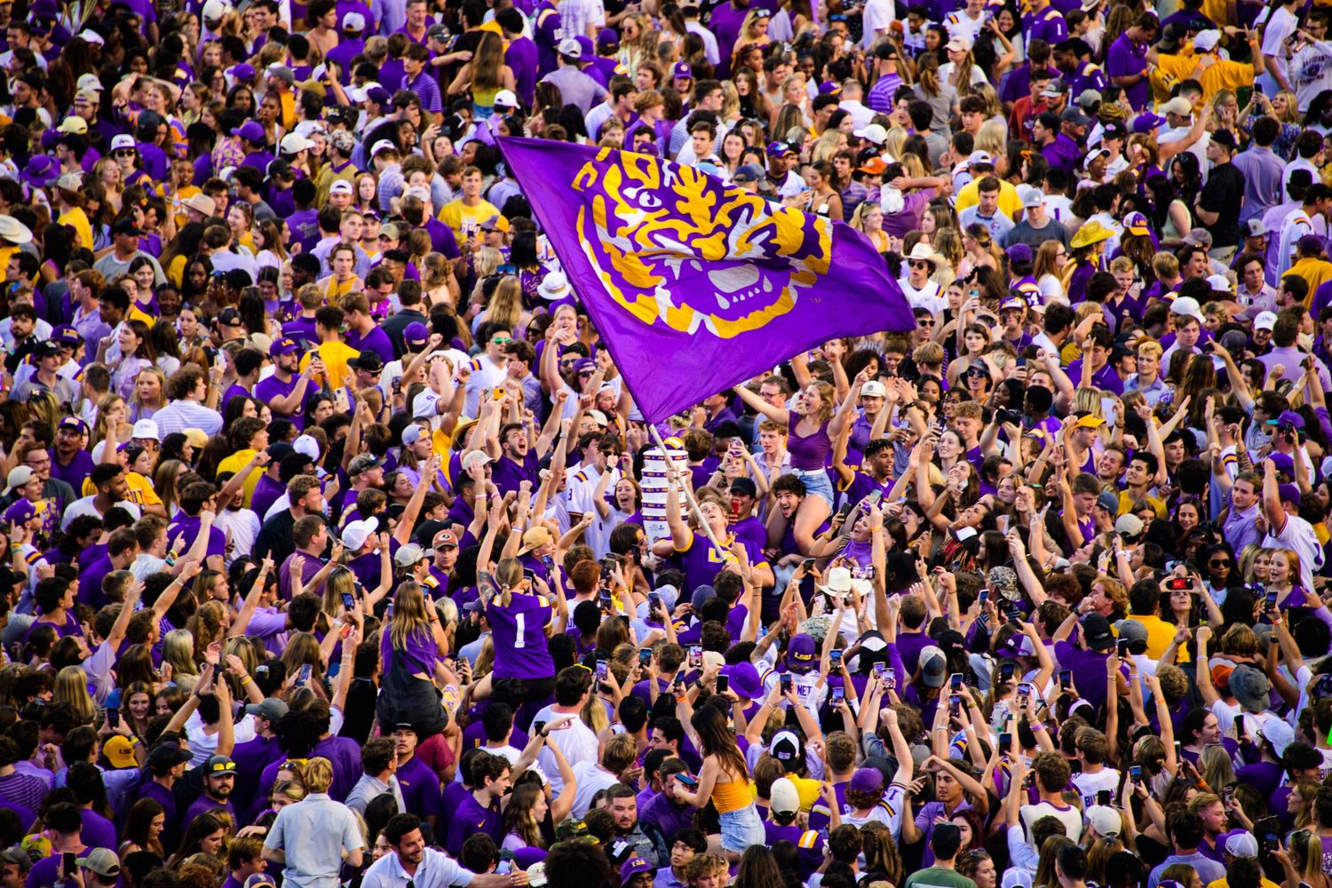 Aerial view of LSU crowd with purple tiger flag raised during sports celebration.