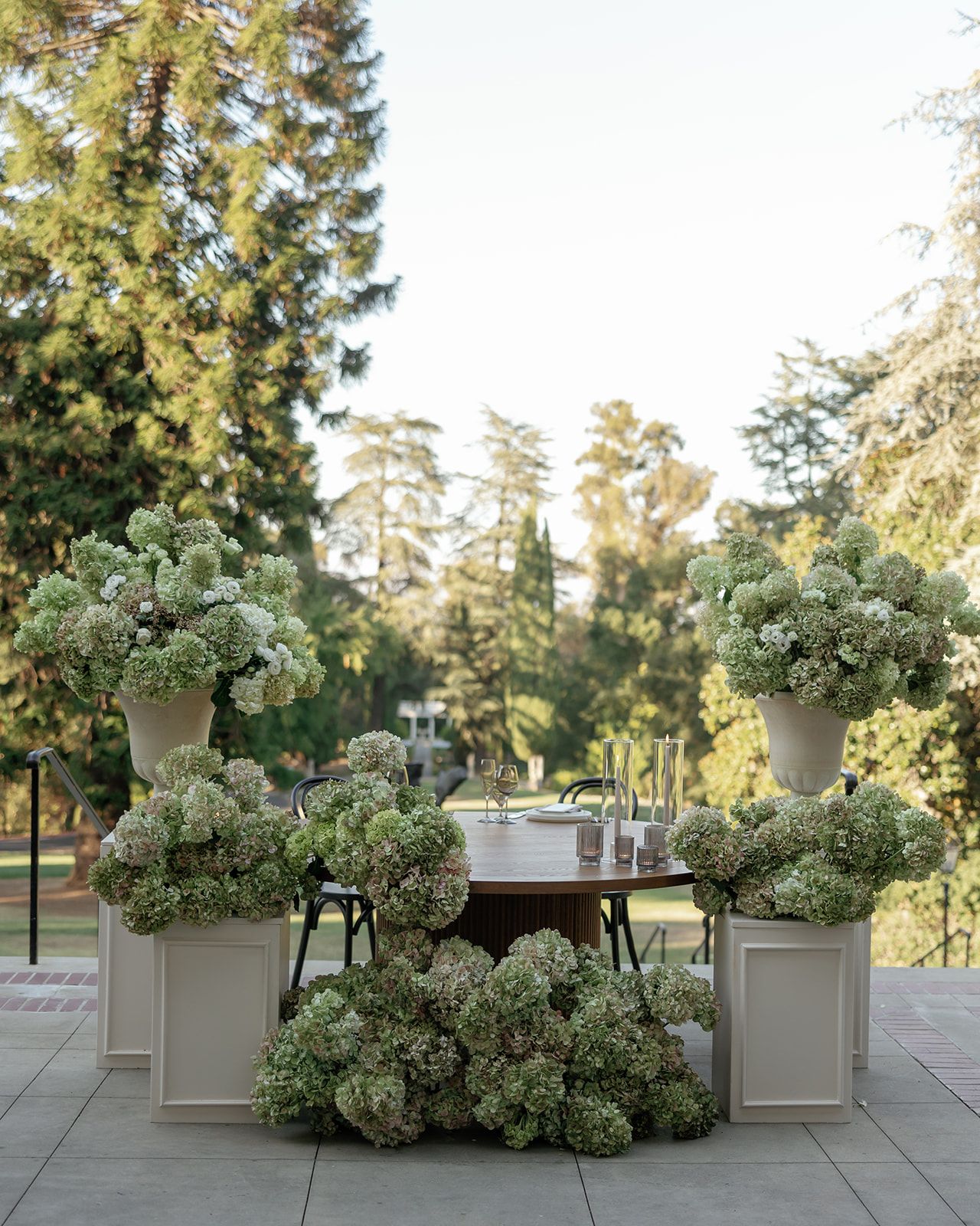 White hydrangea flowers arranged in ceramic vases along the edge of an outdoor ledge with tall evergreen trees in background.