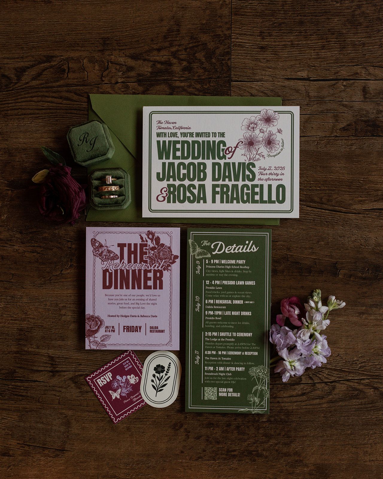 Wedding stationery suite for Jacob Davis and Rosa Fragello featuring green and burgundy invitation, dinner card, and details card.