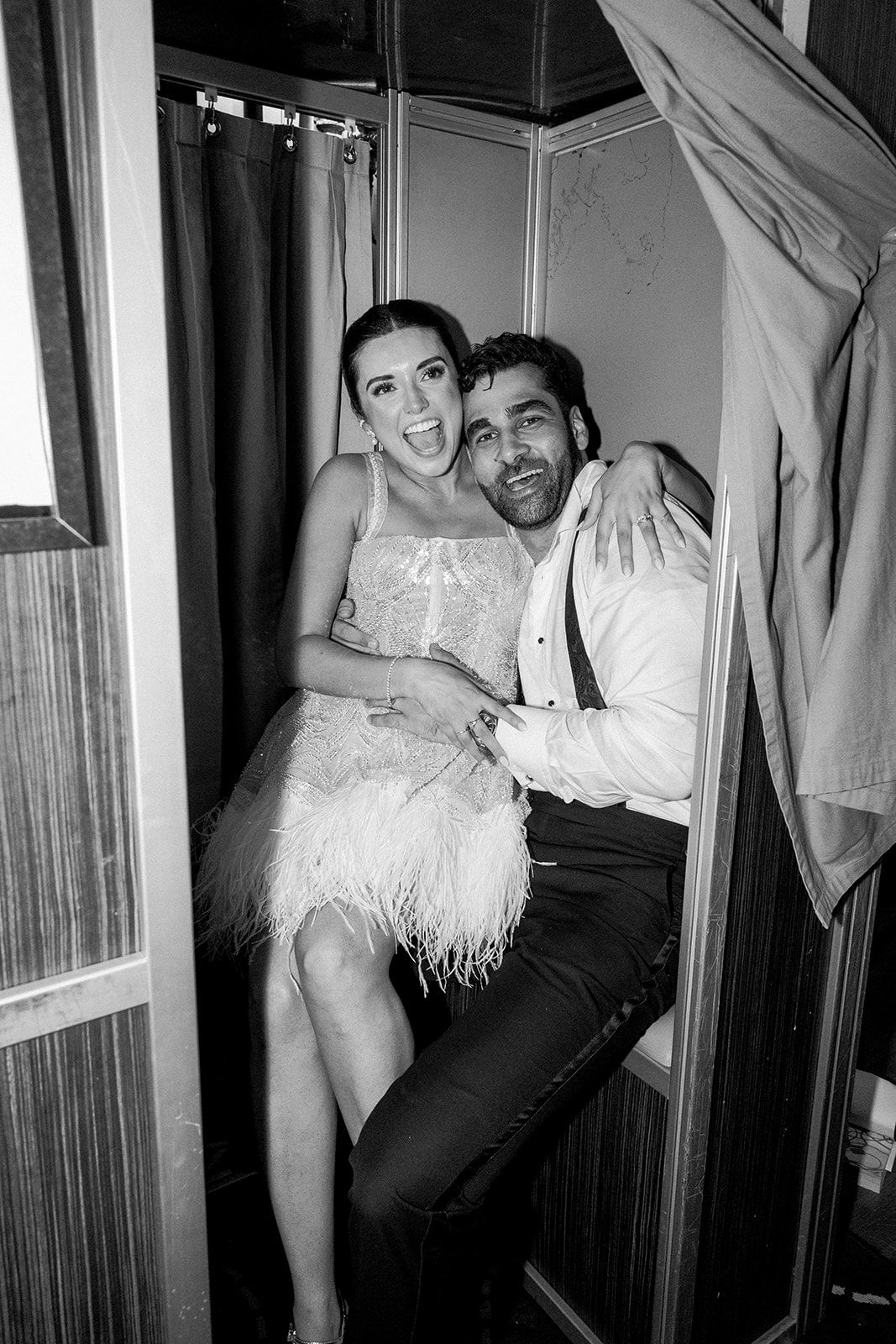 A series of black and white photos showing couple dancing and posing in glamorous vintage-style attire.