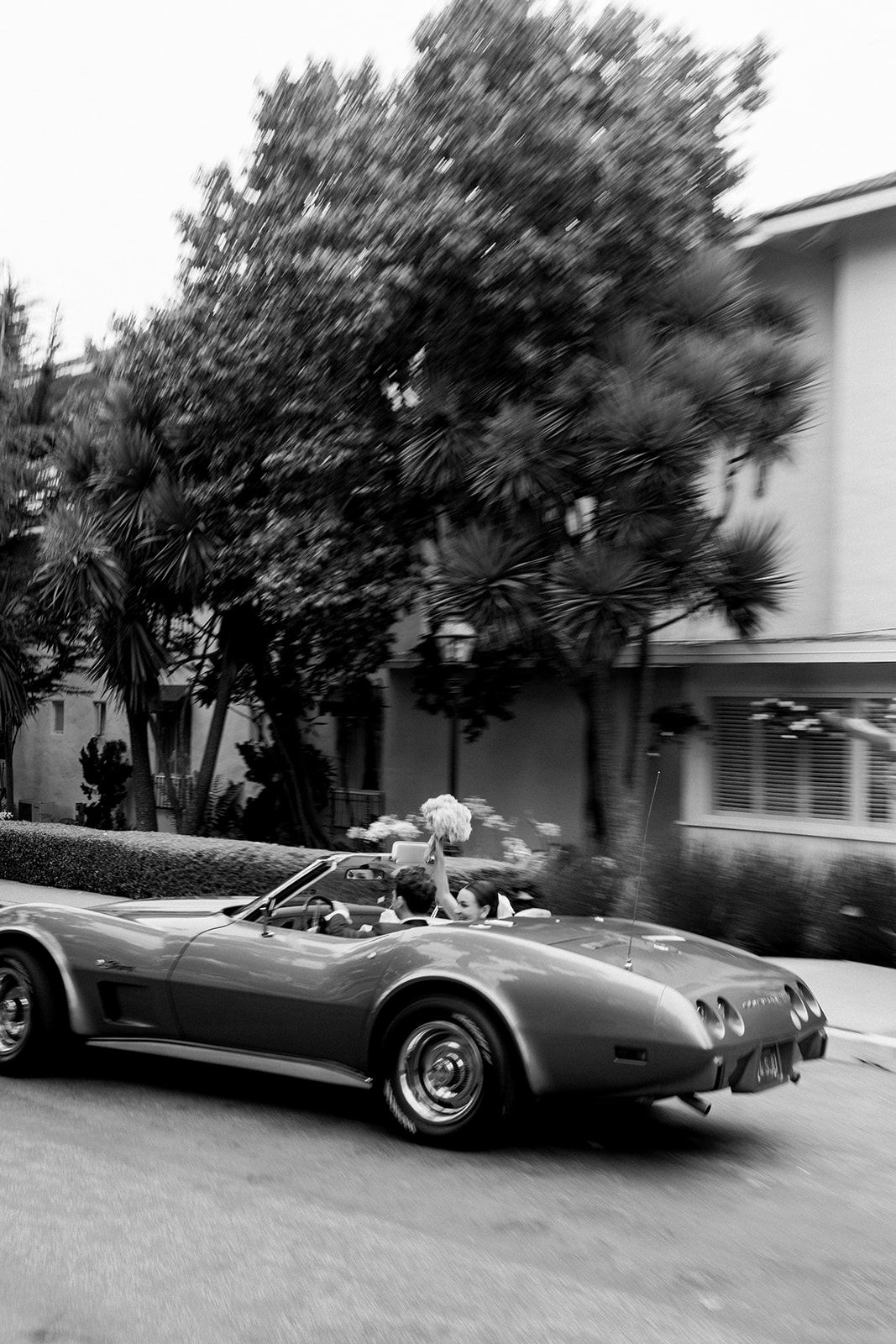 Classic convertible sports car shown in black and white panorama parked next to trees and buildings.