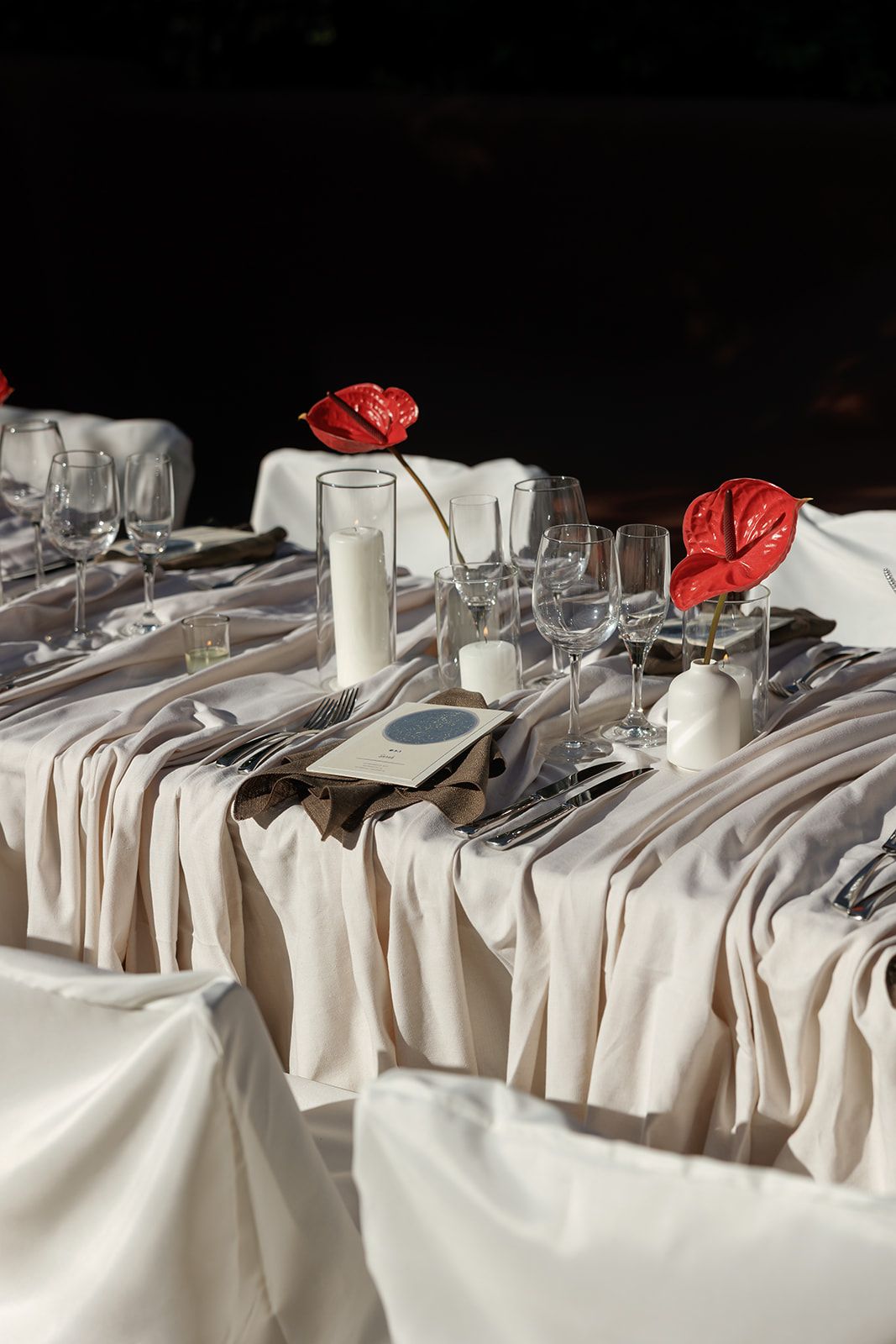 Elegant table setting with draped white linens, wine glasses, and red floral accents against a dark background.