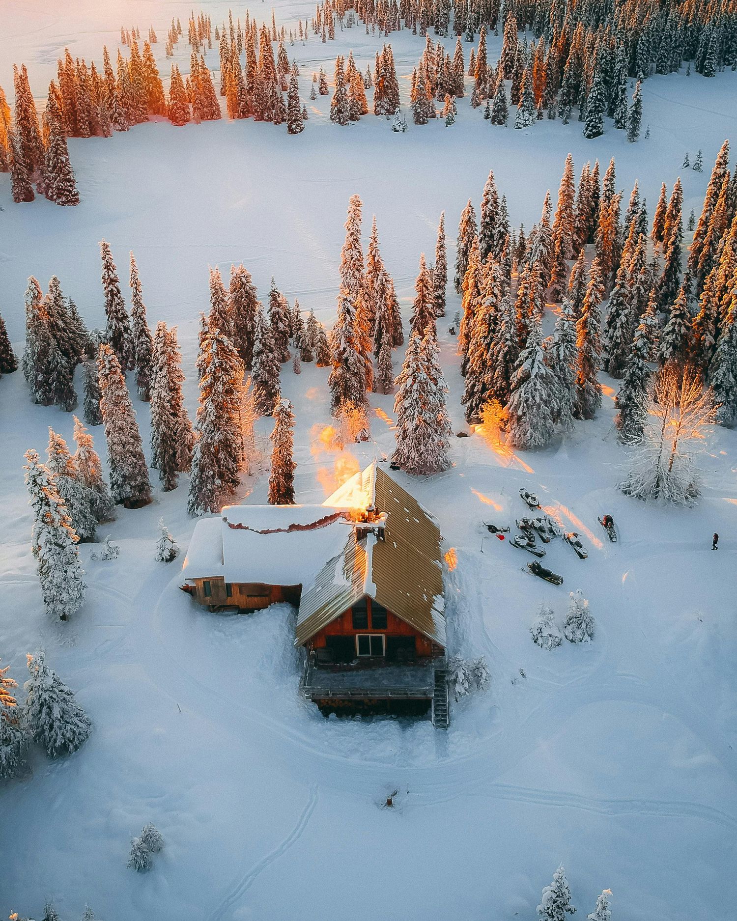 Aerial view of wooden cabin surrounded by snow-laden evergreens at sunset.