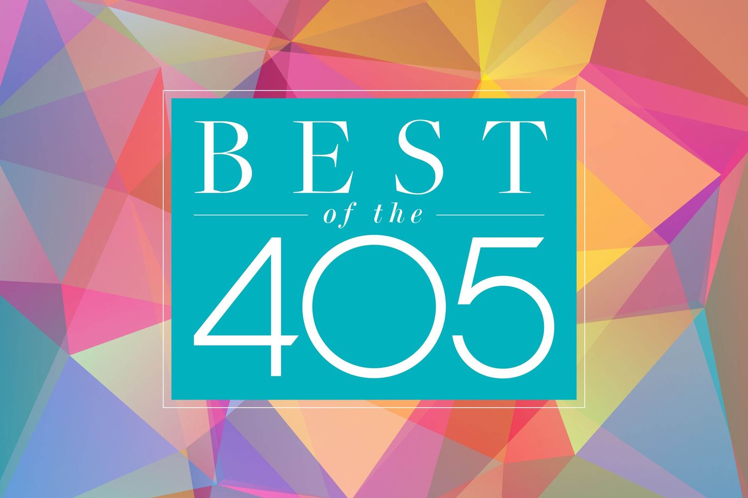 Colorful geometric abstract banner design with teal text boxes displaying 'BEST' and numbers against triangular patterns.