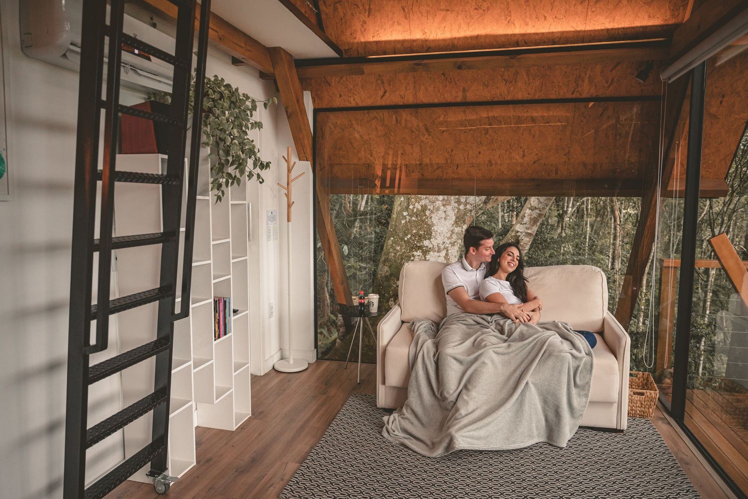 Cozy cabin interior with natural decor features a comfortable seating area and rustic ladder against white wall.