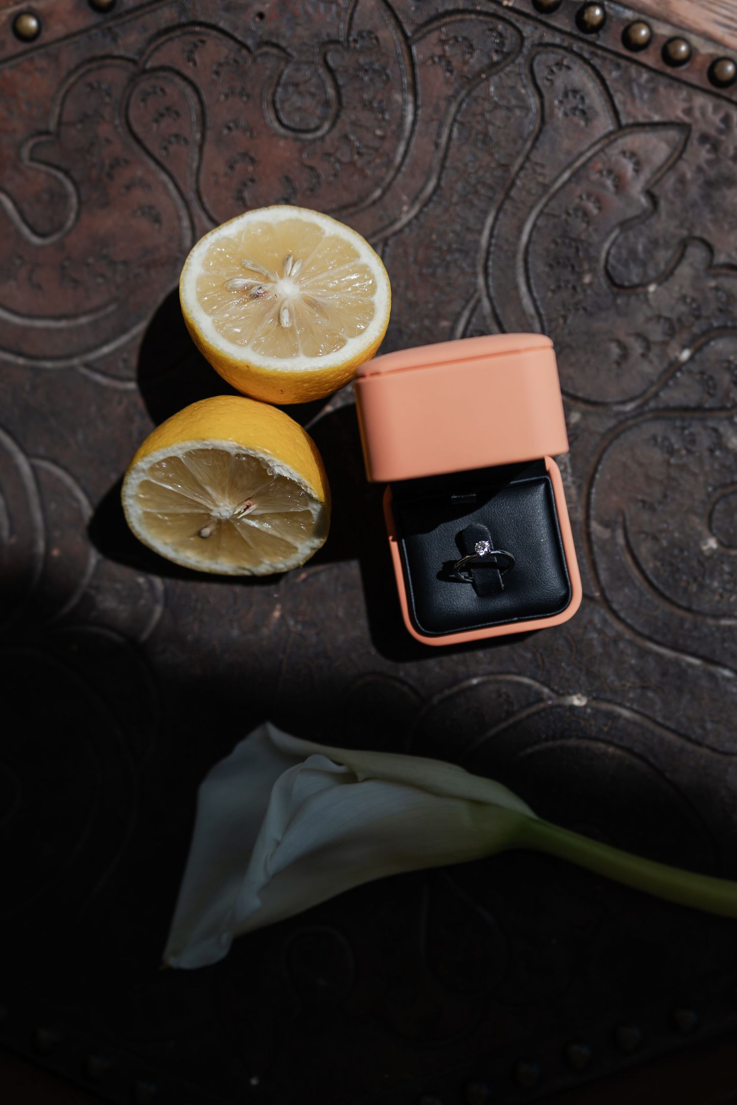 Sliced lemon and orange wallet on dark textured background in moody lighting setup.