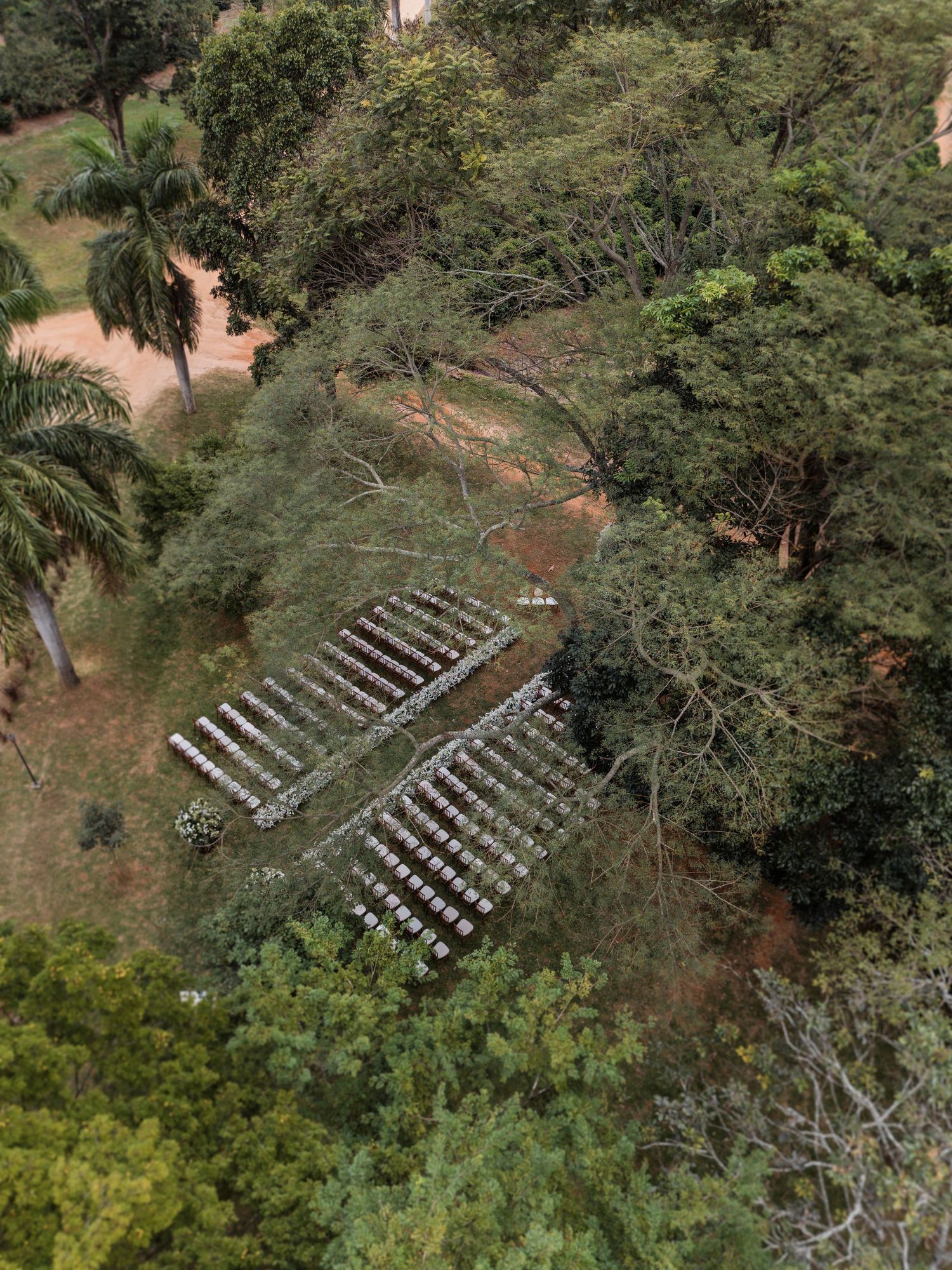 Aerial view of two gray stone staircases leading up a forested hillside surrounded by lush green trees and vegetation.