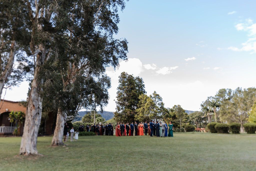 Wedding guests gather on a grassy lawn with tall eucalyptus trees and mountains in the background.