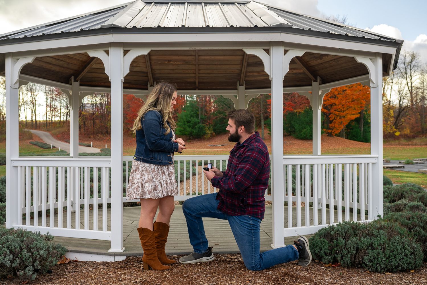 A romantic proposal moment in a white gazebo surrounded by autumn foliage.