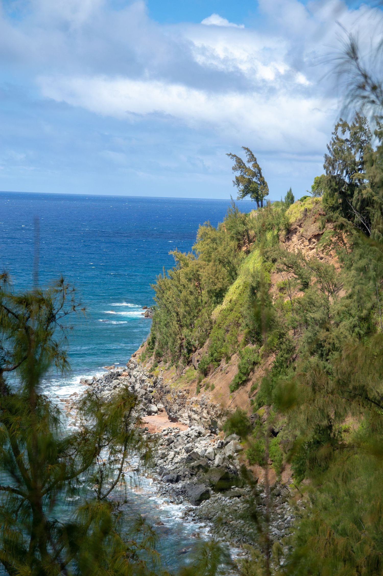 Dramatic coastal cliffs with lush vegetation overlooking blue ocean waves and rocky shoreline.