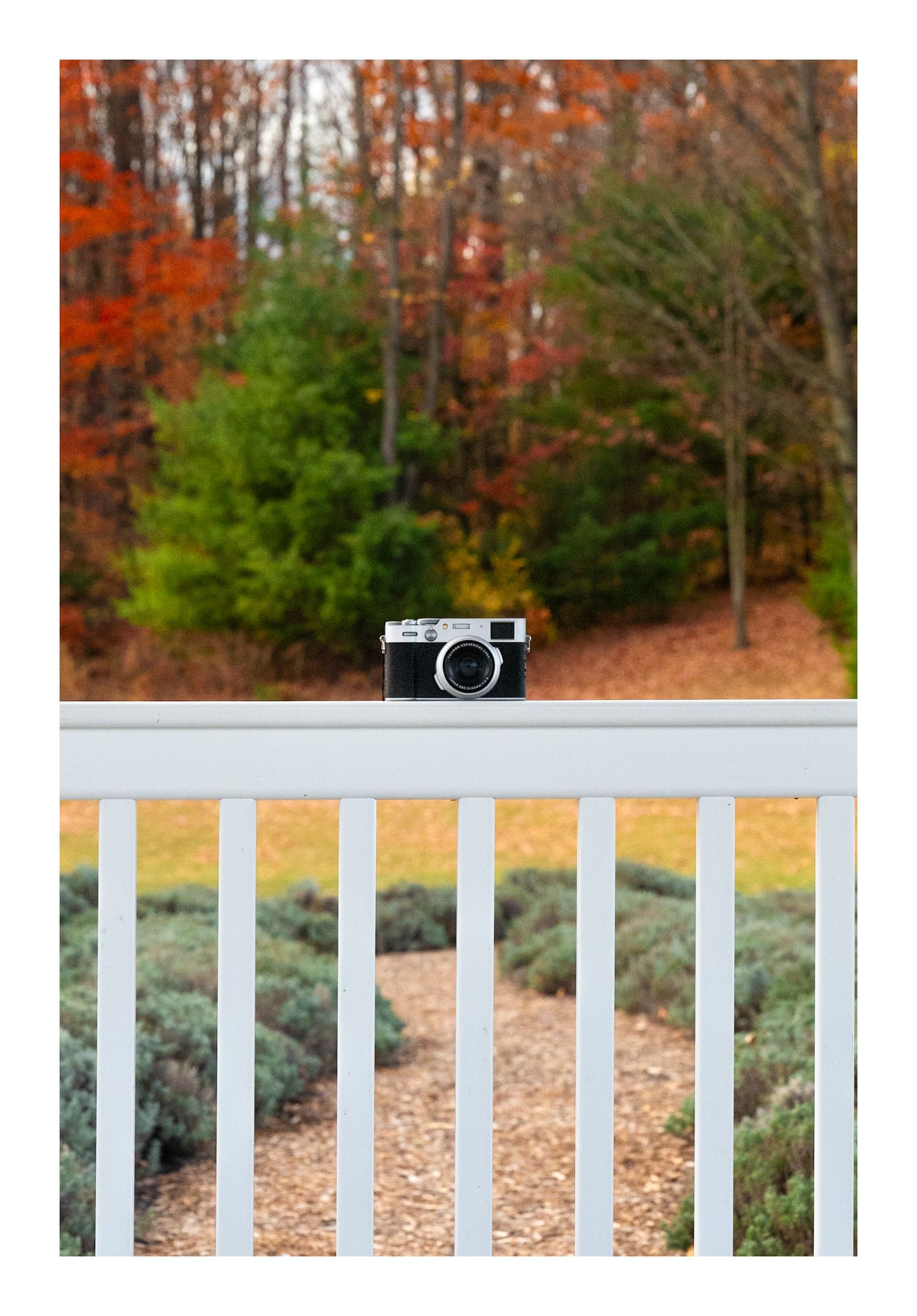 Vintage camera displayed on white railing with autumn foliage in background.
