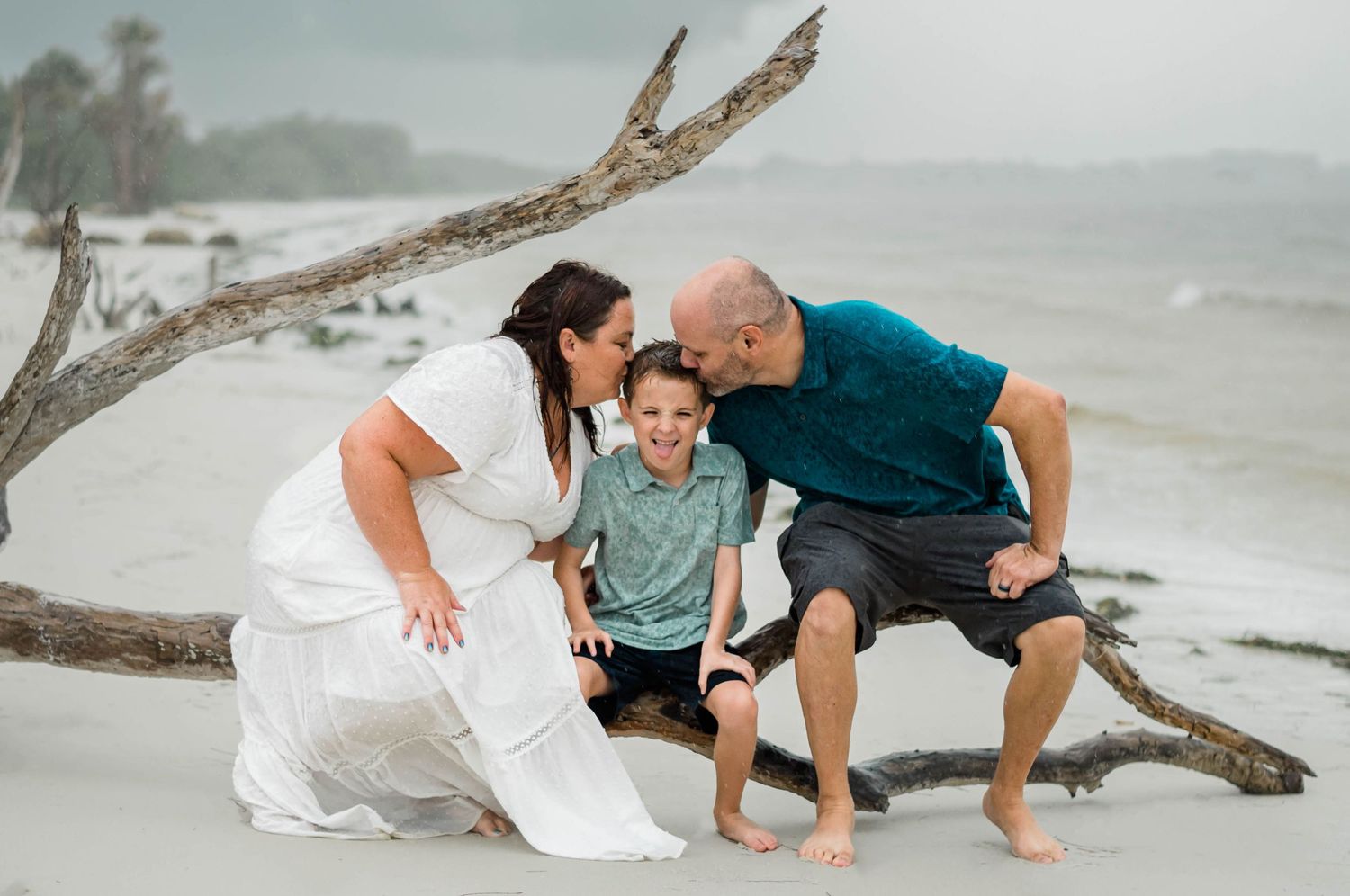 Three people sitting together on a fallen tree branch at a misty beach shore.