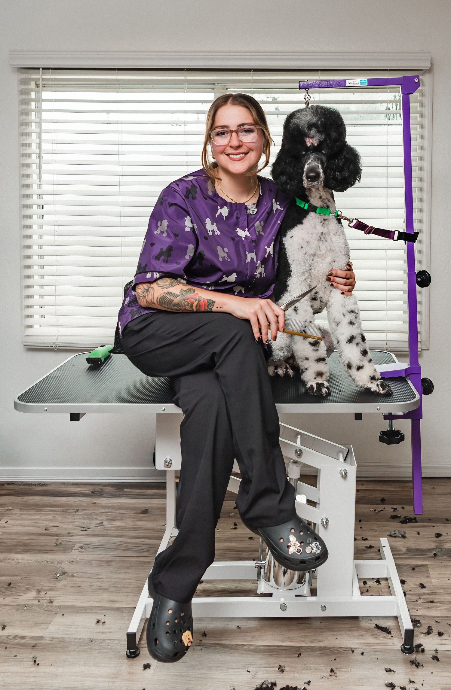 Professional groomer sitting with small white dog on modern purple grooming table in bright studio setting.