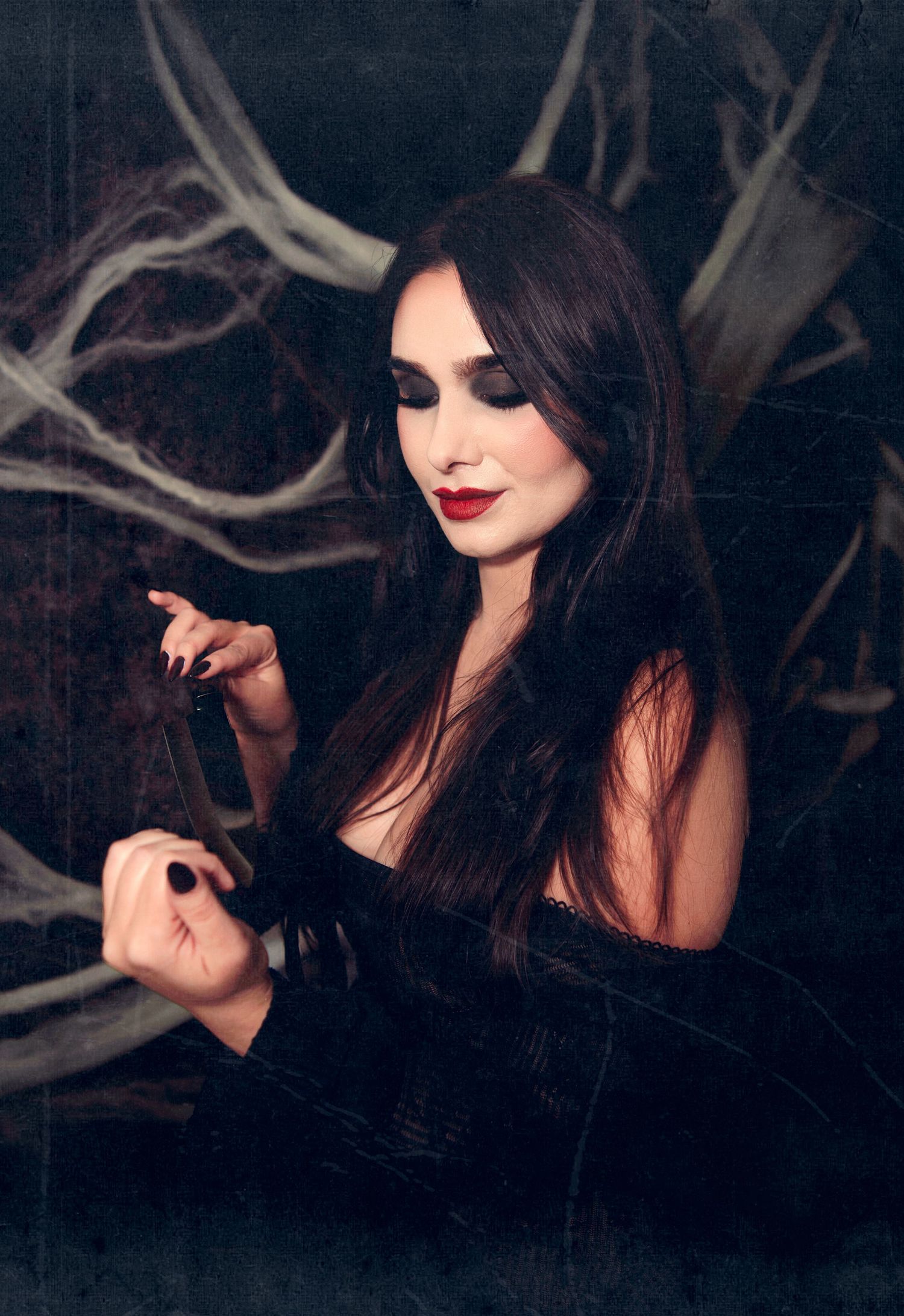 A series of dark moody portraits featuring dramatic lighting and gothic aesthetic with red lipstick against a black background.