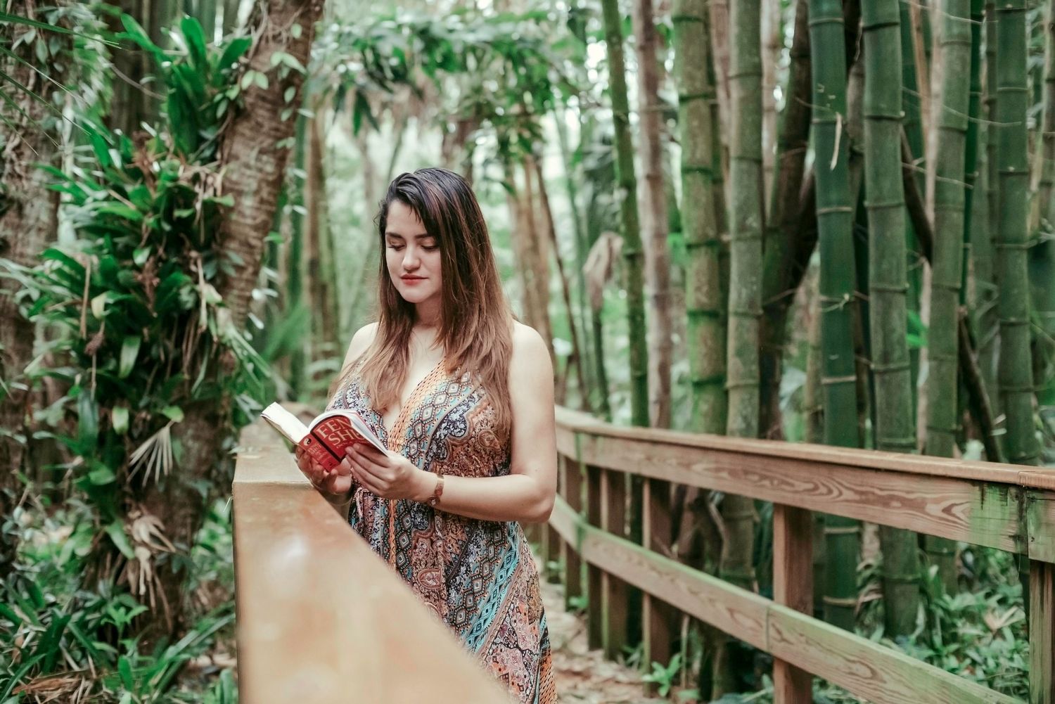 A person in a floral dress reads a book while leaning against a wooden railing in a lush bamboo forest.