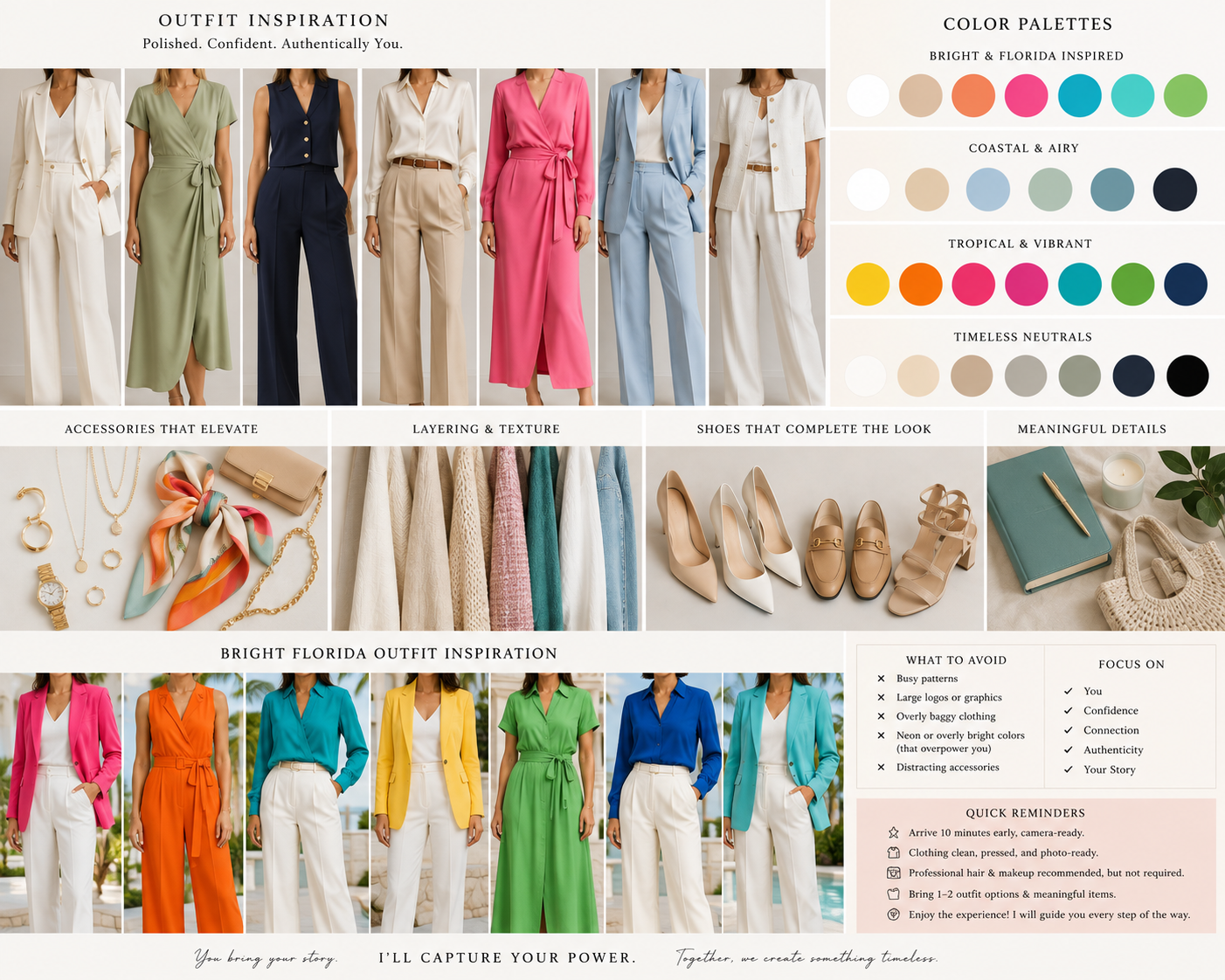 Bright Florida outfit inspiration mood board featuring colorful women's fashion, color palettes, and styling tips.