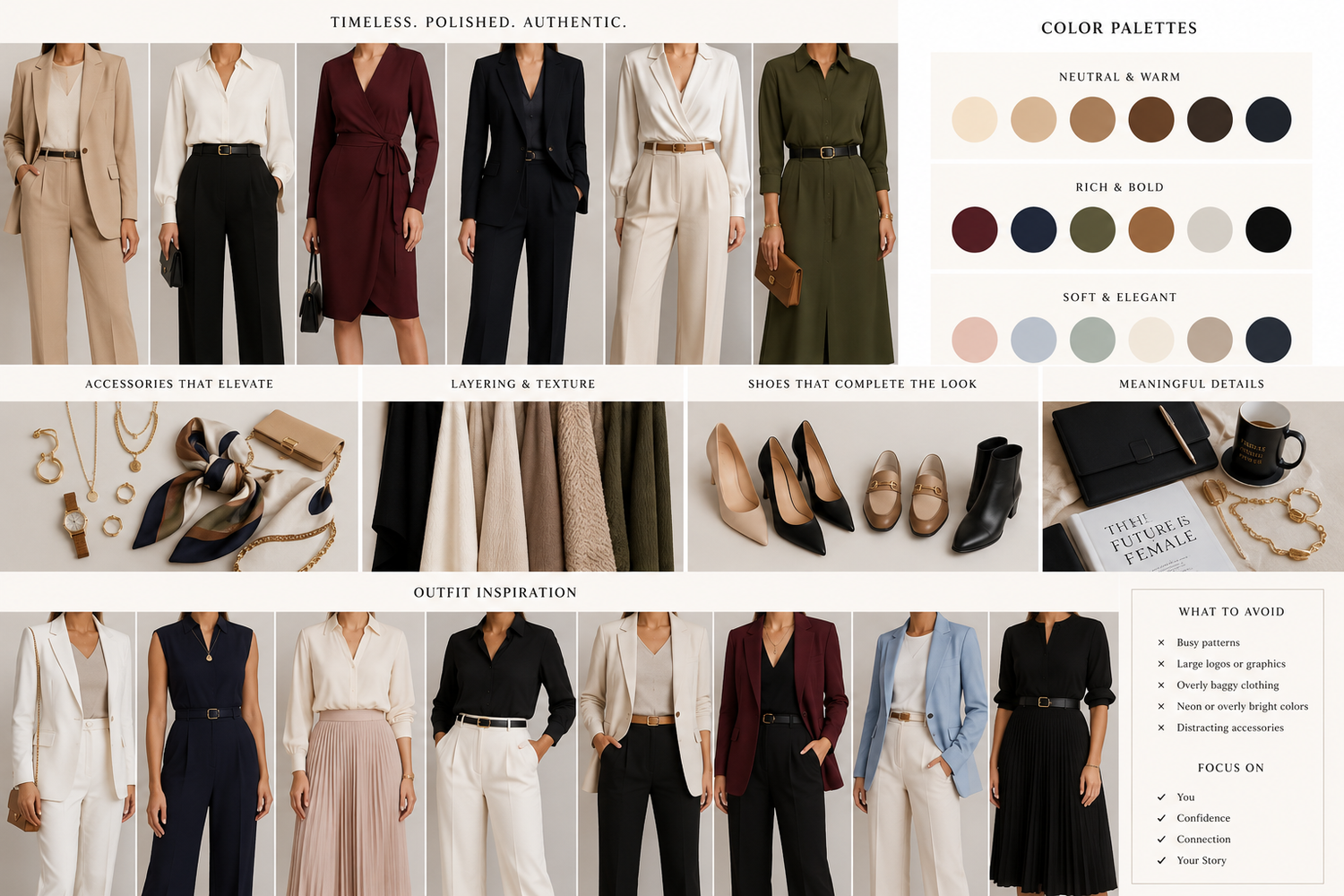 Timeless polished workwear outfit inspiration with neutral color palettes featuring tailored suits, dresses, and professional ensembles.