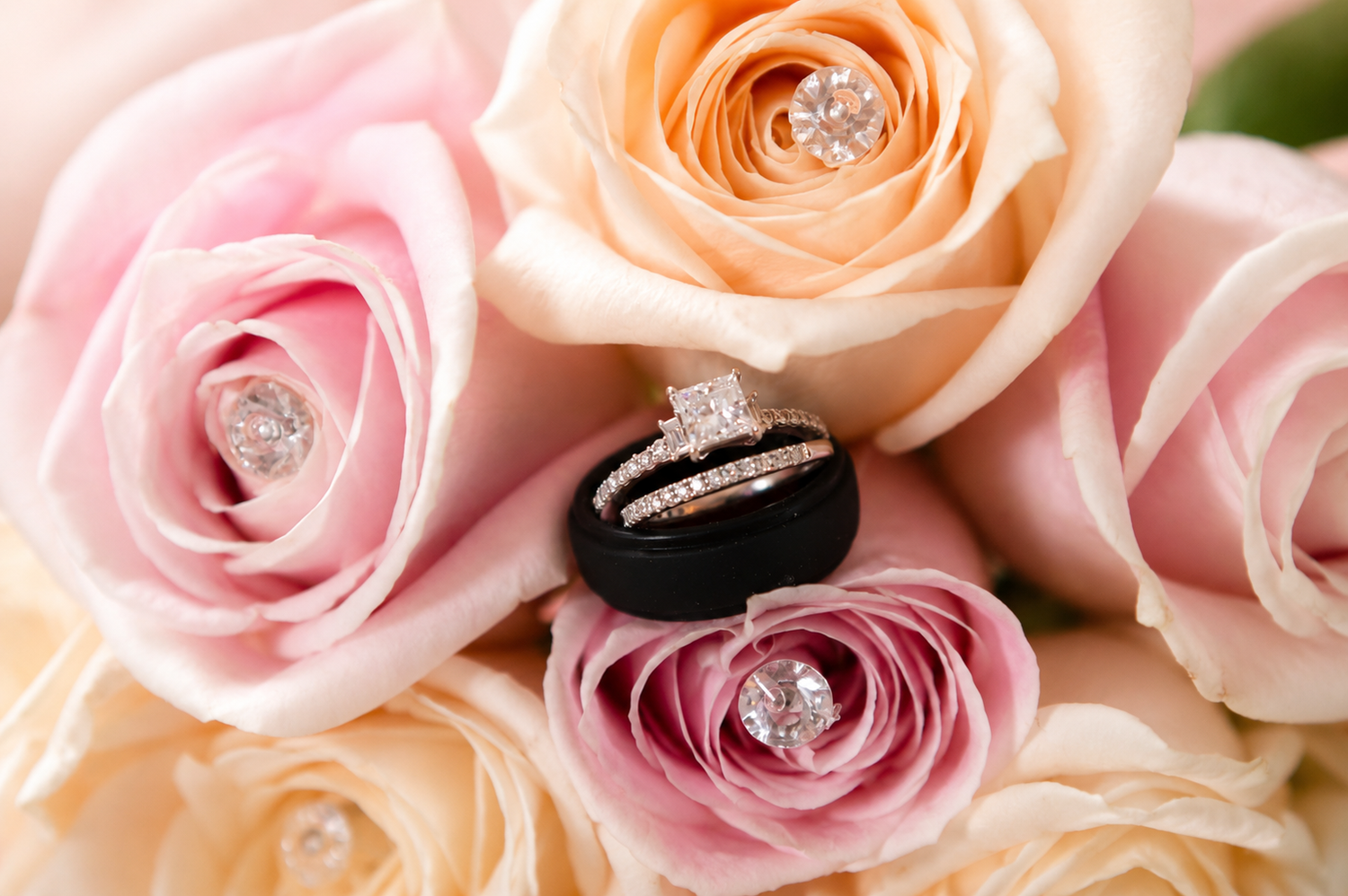Diamond engagement ring and wedding bands nestled among pink and peach roses in a bridal bouquet.