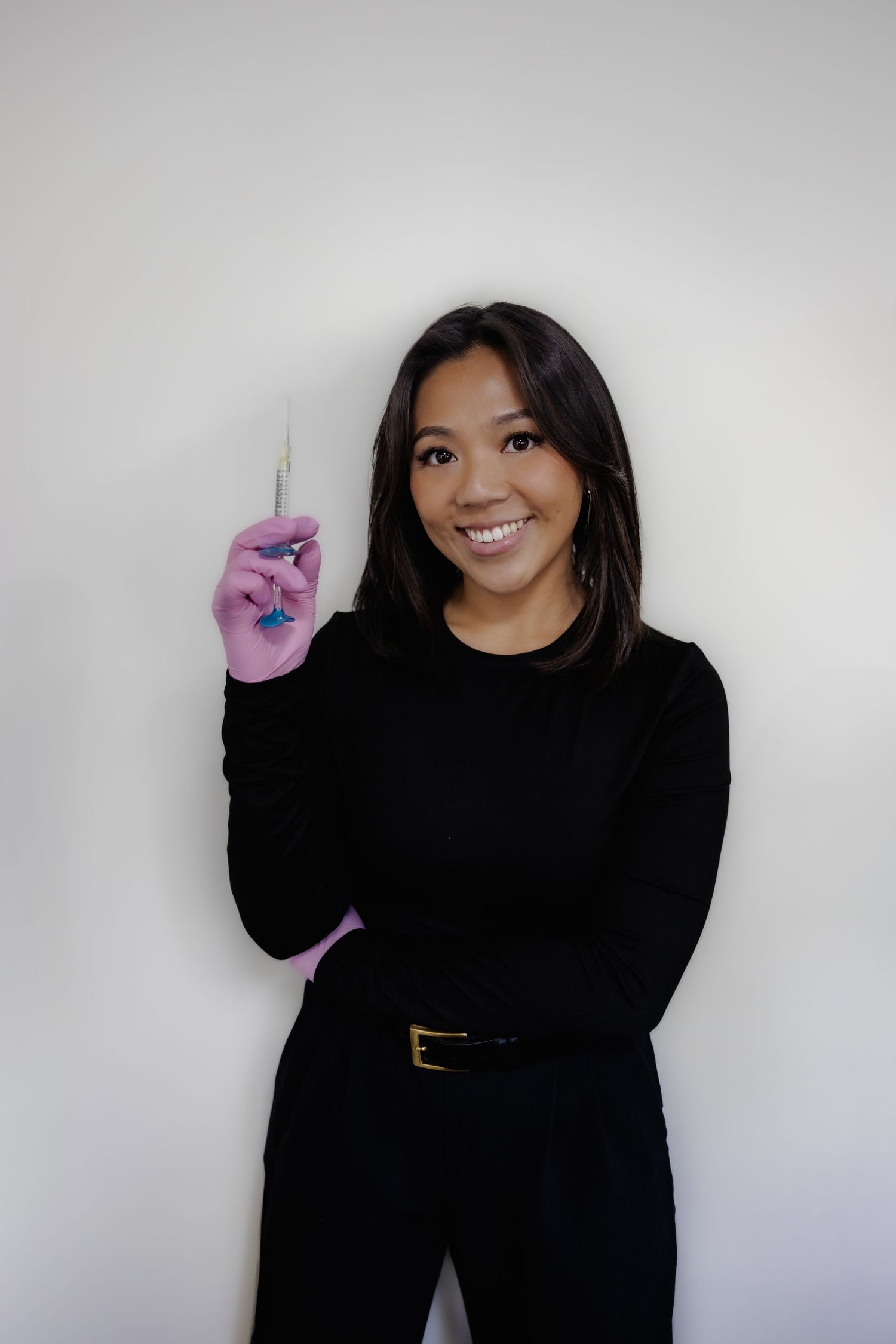 A series of casual portraits showing someone in a black sweater against a light background.