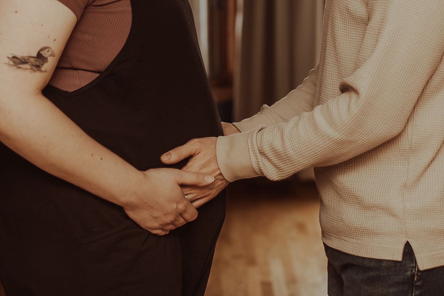 Couple holding hands tenderly with a visible pregnant belly in a warm indoor setting.