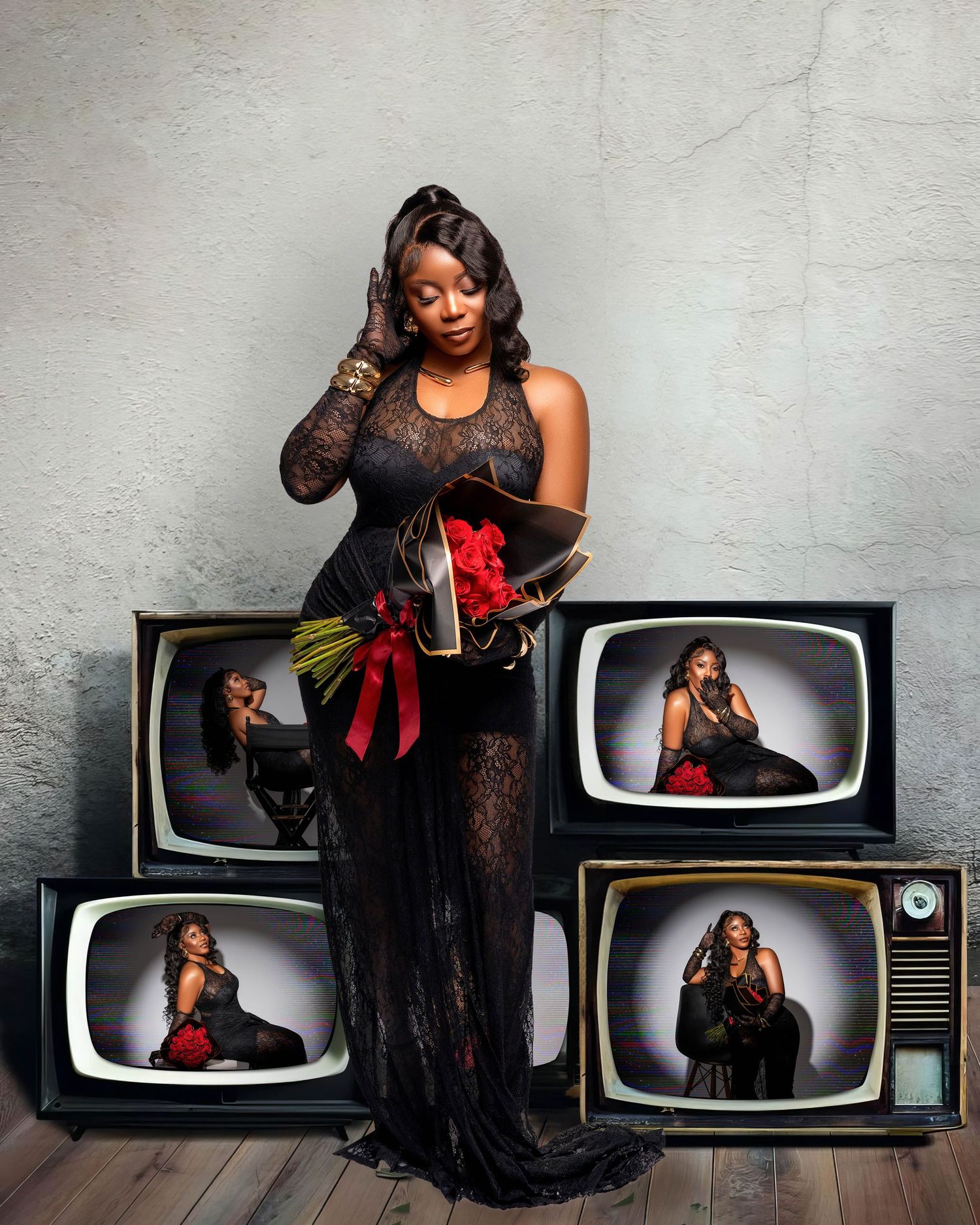A figure in a sheer black dress poses with vintage TV sets and red roses in a dramatic monochrome studio setting.