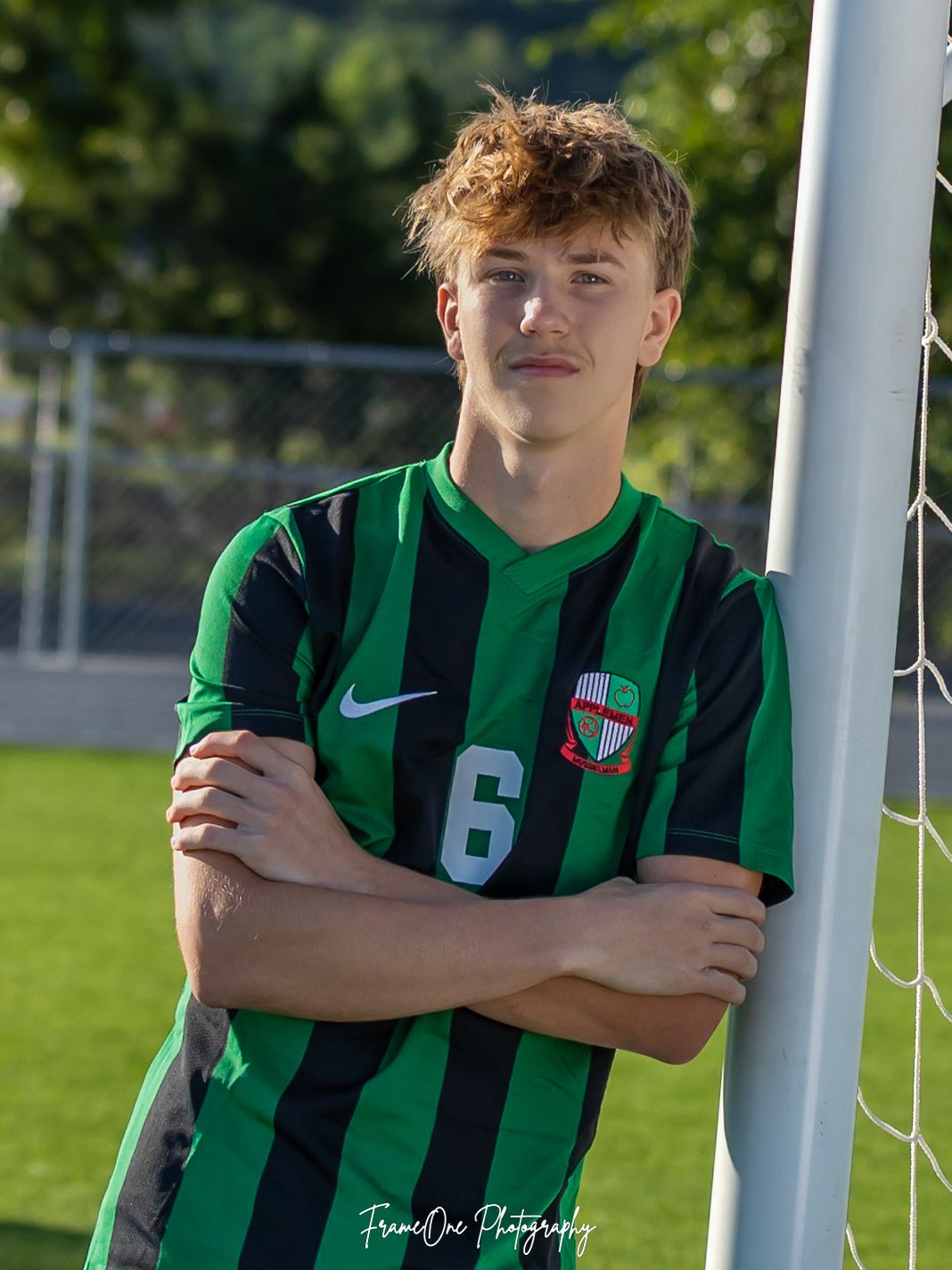 Soccer player in green and black striped jersey with number 6 leans against goalpost on sunny field.