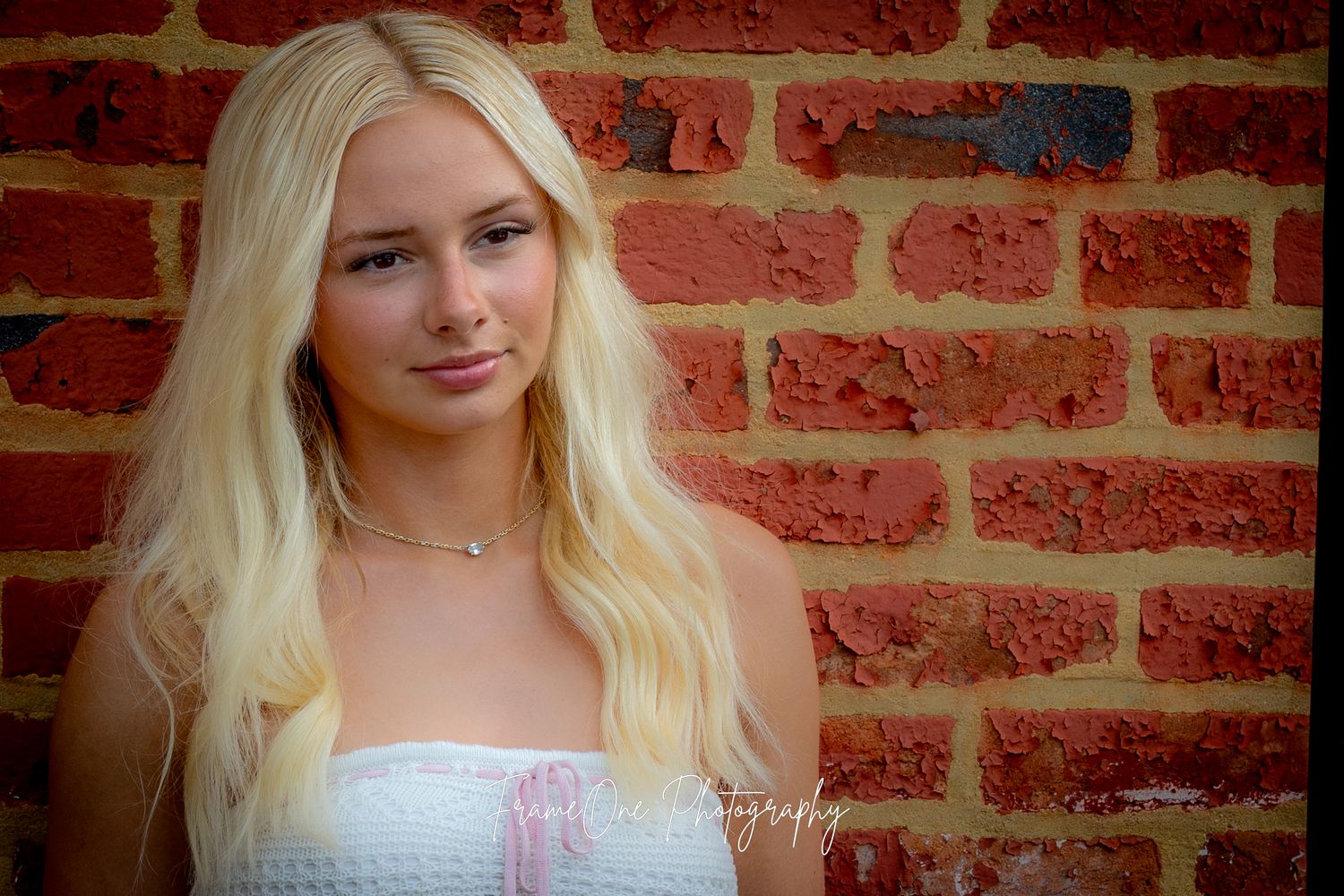 Woman in formal attire poses against a red brick wall background.