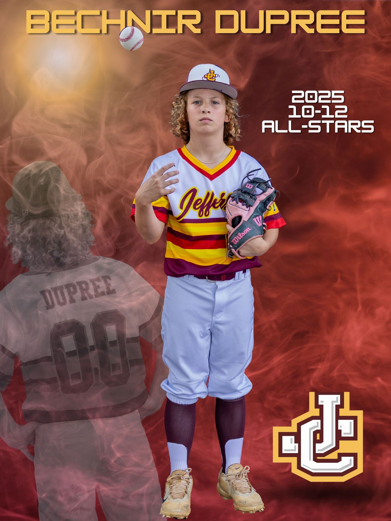 Digital sports composite with smoke effects and baseball team branding.