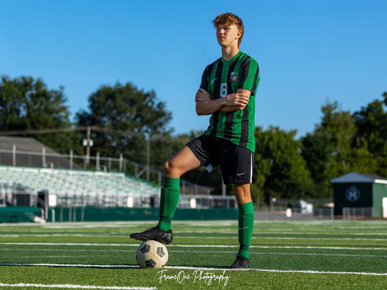 Soccer player in green striped jersey poses with ball on artificial turf field.