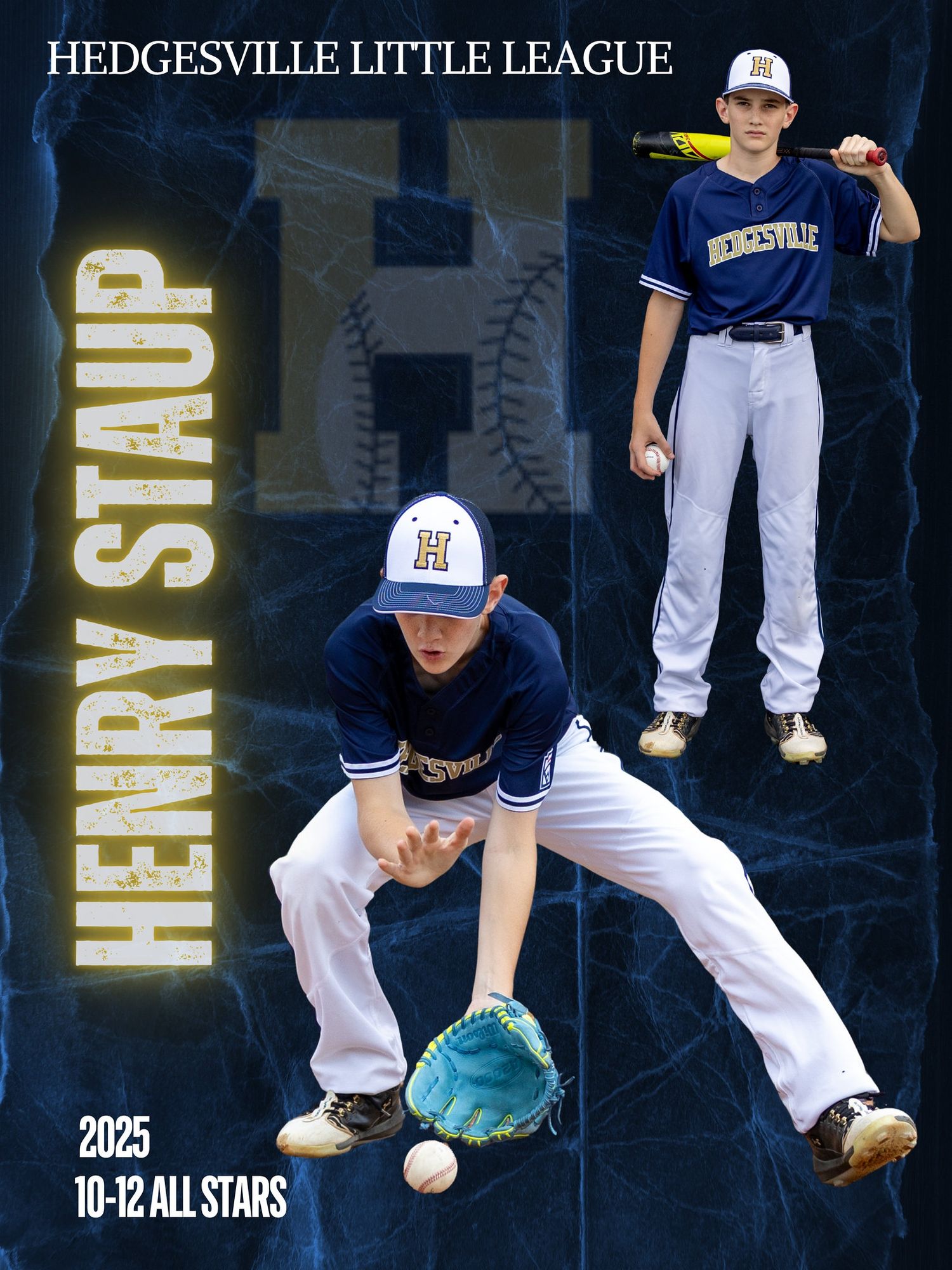 Hedgesville Little League baseball players in uniform shown on a blue sports banner design.