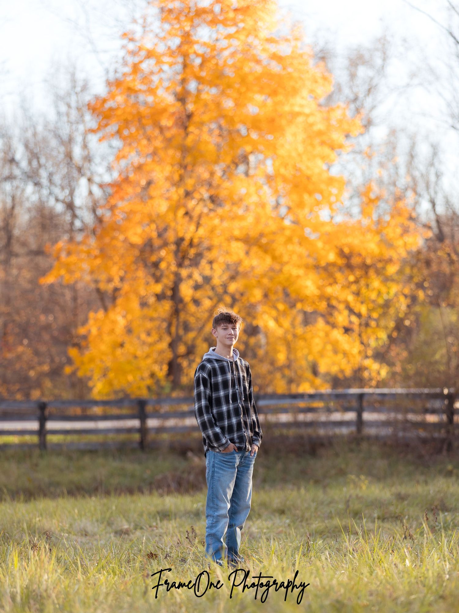 A person in a plaid shirt and jeans stands in a field during autumn with vibrant golden trees in the background.