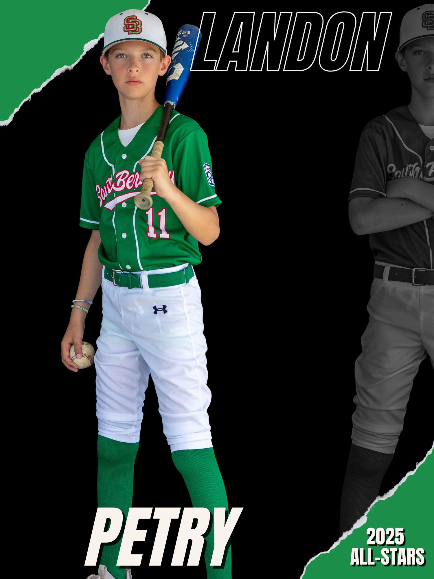 Youth baseball player in green and white uniform stands ready in athletic pose against dark background.