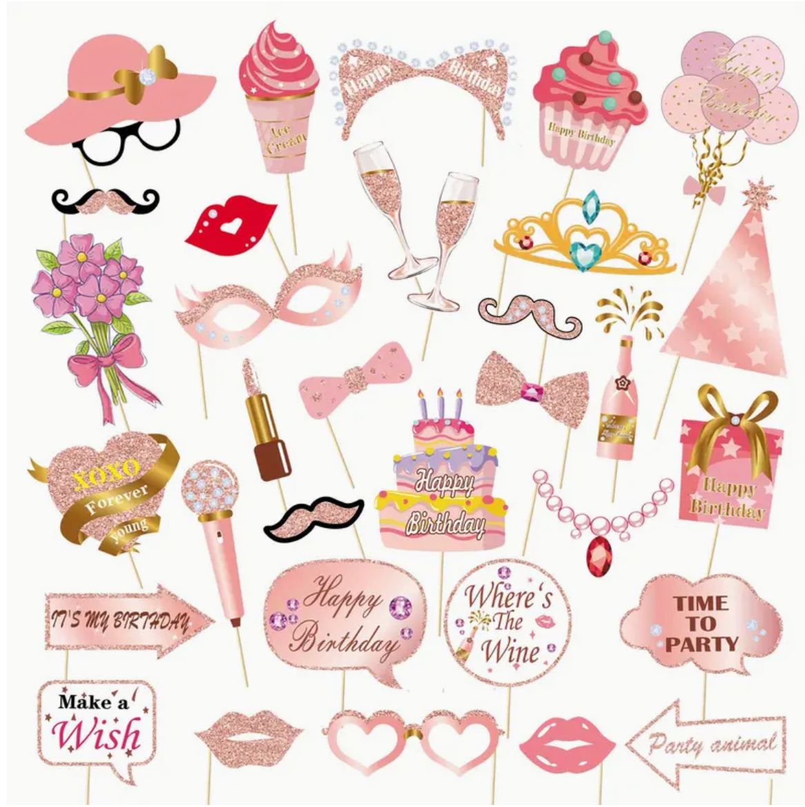 Pink and gold party props featuring cupcakes, bows, crowns, and decorative text for birthday celebrations.