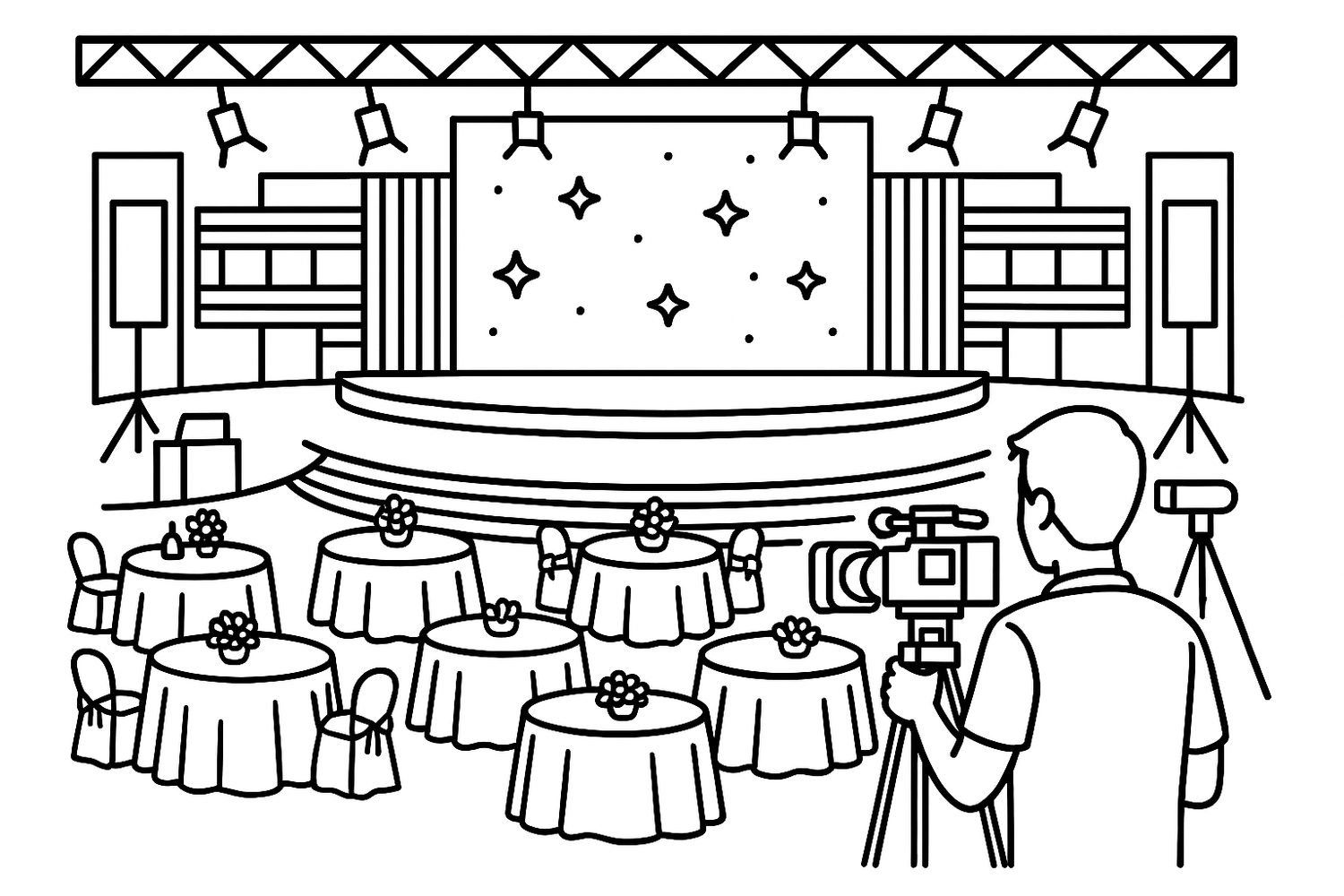 A line drawing of a wedding reception venue with round dining tables, stage setup, and camera equipment filming the event.