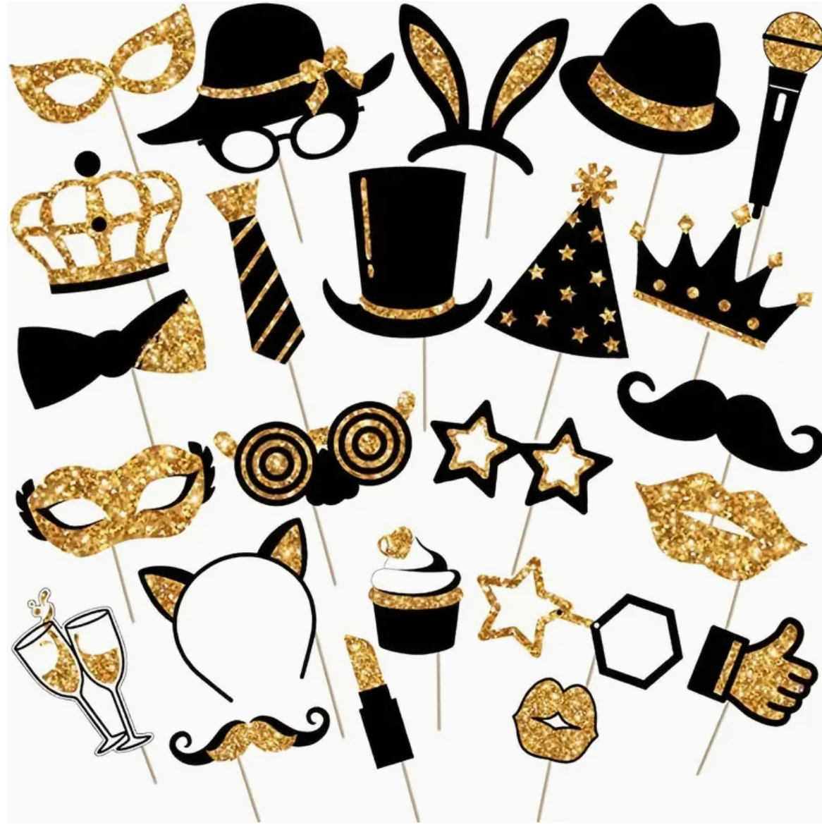 Gold glitter party photo props including masks, hats, ties, and accessories on a black background.