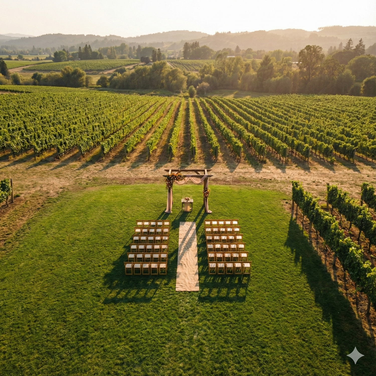 Aerial view of an outdoor wedding ceremony setup with wooden chairs arranged in rows among vineyard rows at sunset.