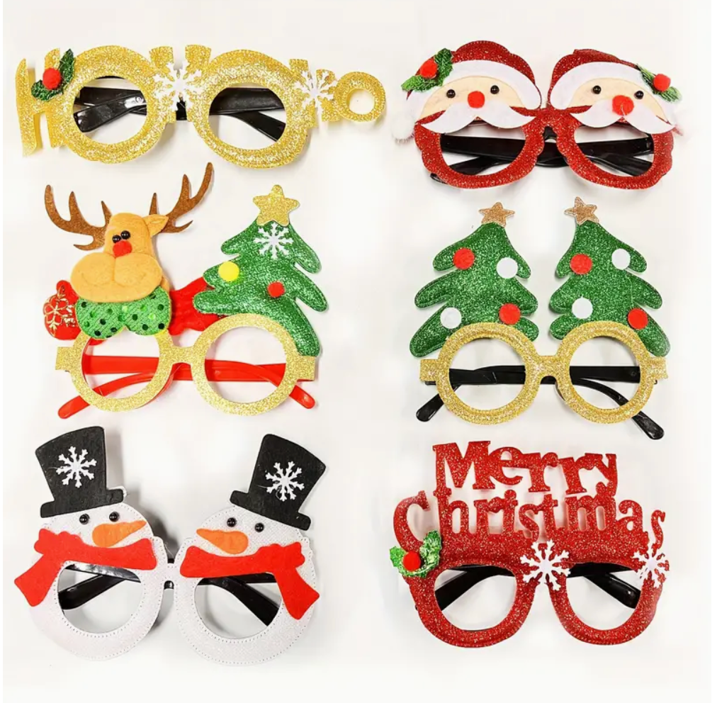 Collection of festive Christmas novelty glasses featuring Santa, reindeer, and snowman designs.