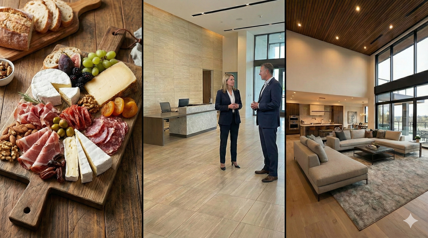 A collage of modern interior design photos showing various rooms, furniture pieces and decor details in a contemporary space.