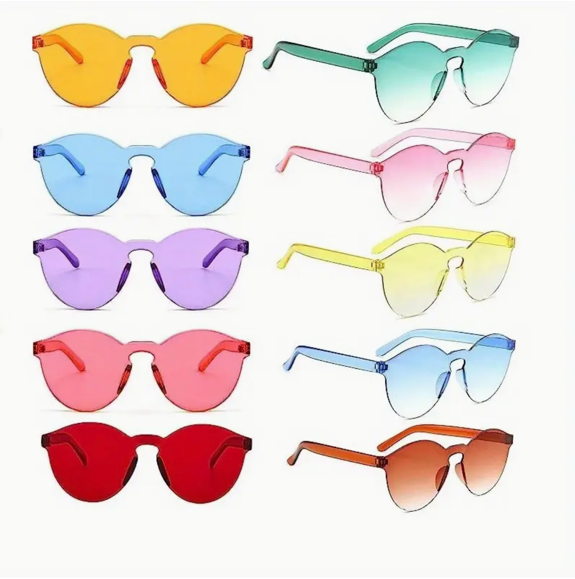 Collection of colorful transparent sunglasses in rainbow hues arranged in neat rows.