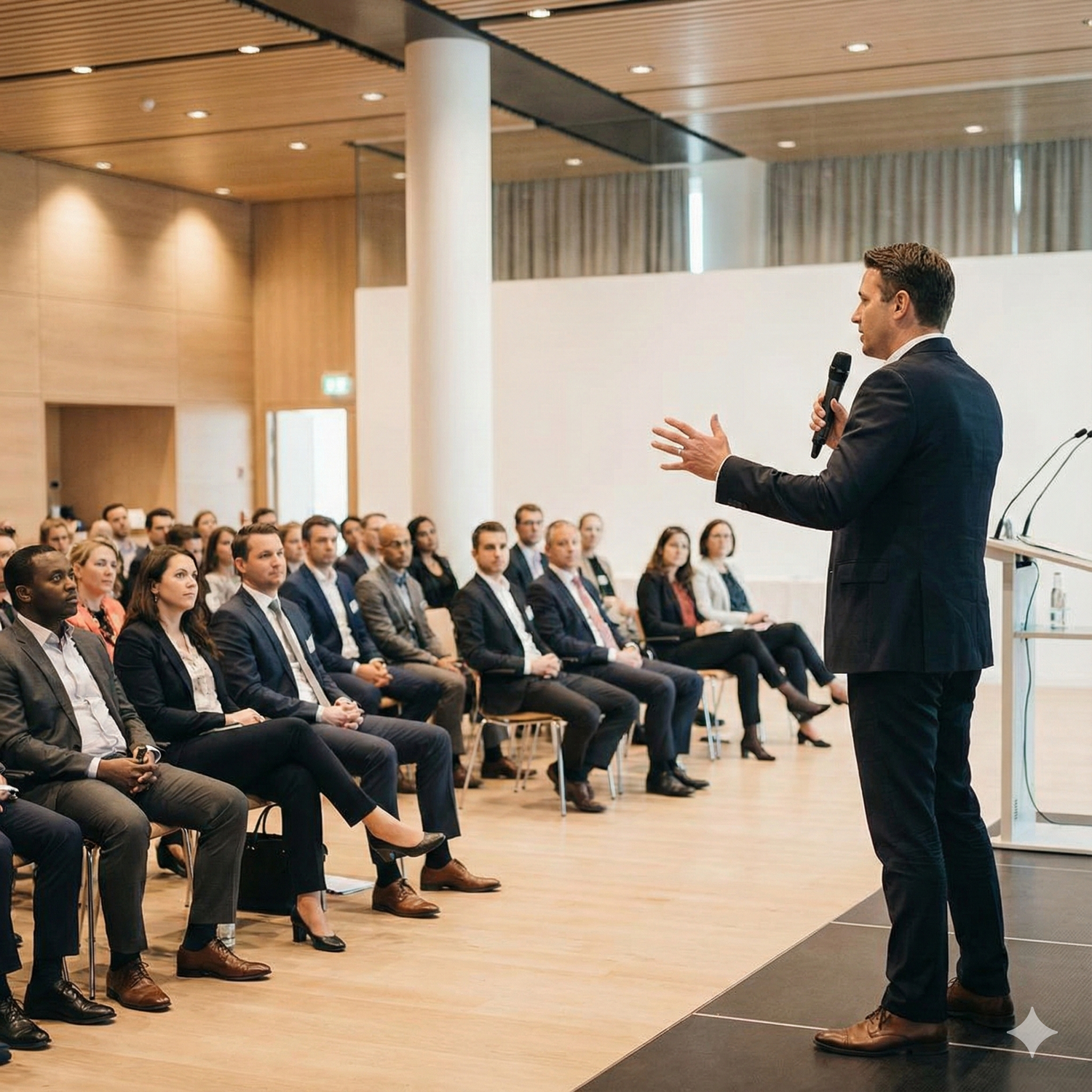 Business speaker delivers presentation to attentive audience in modern conference room with wooden floors and white walls.