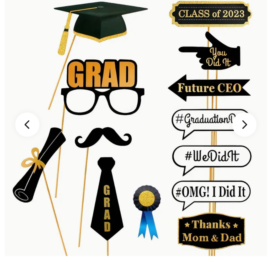 Black and gold graduation celebration photo props featuring mortarboard, glasses, and congratulatory messages.