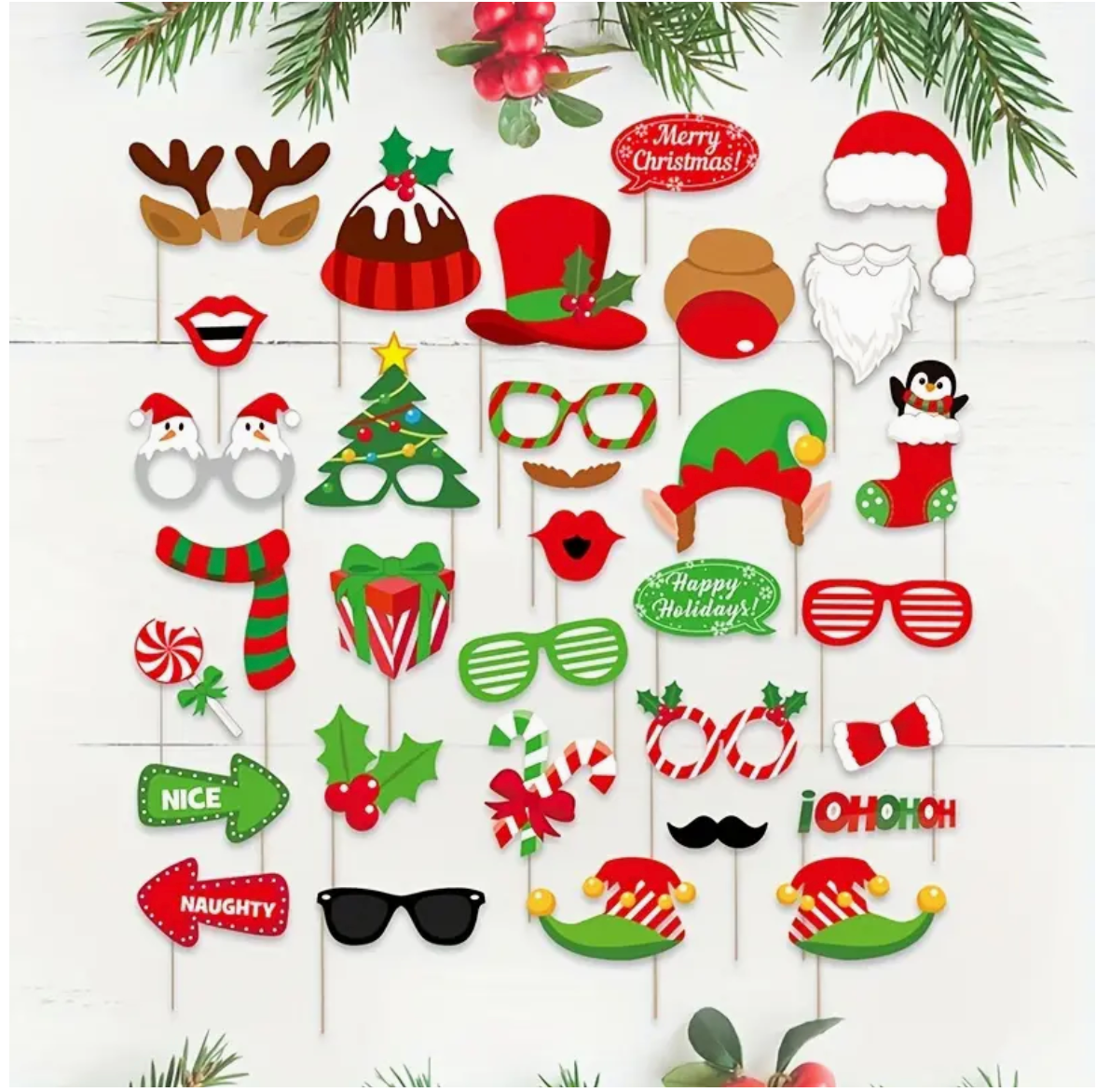 Christmas themed photo booth props with holiday icons, Santa accessories, and festive decorations.