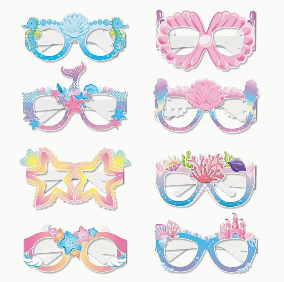 Collection of pastel mermaid and princess themed party glasses with seashells and stars.