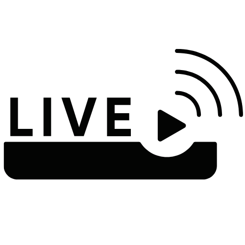 Black text 'LIVE' with broadcast signal icon in minimalist design.