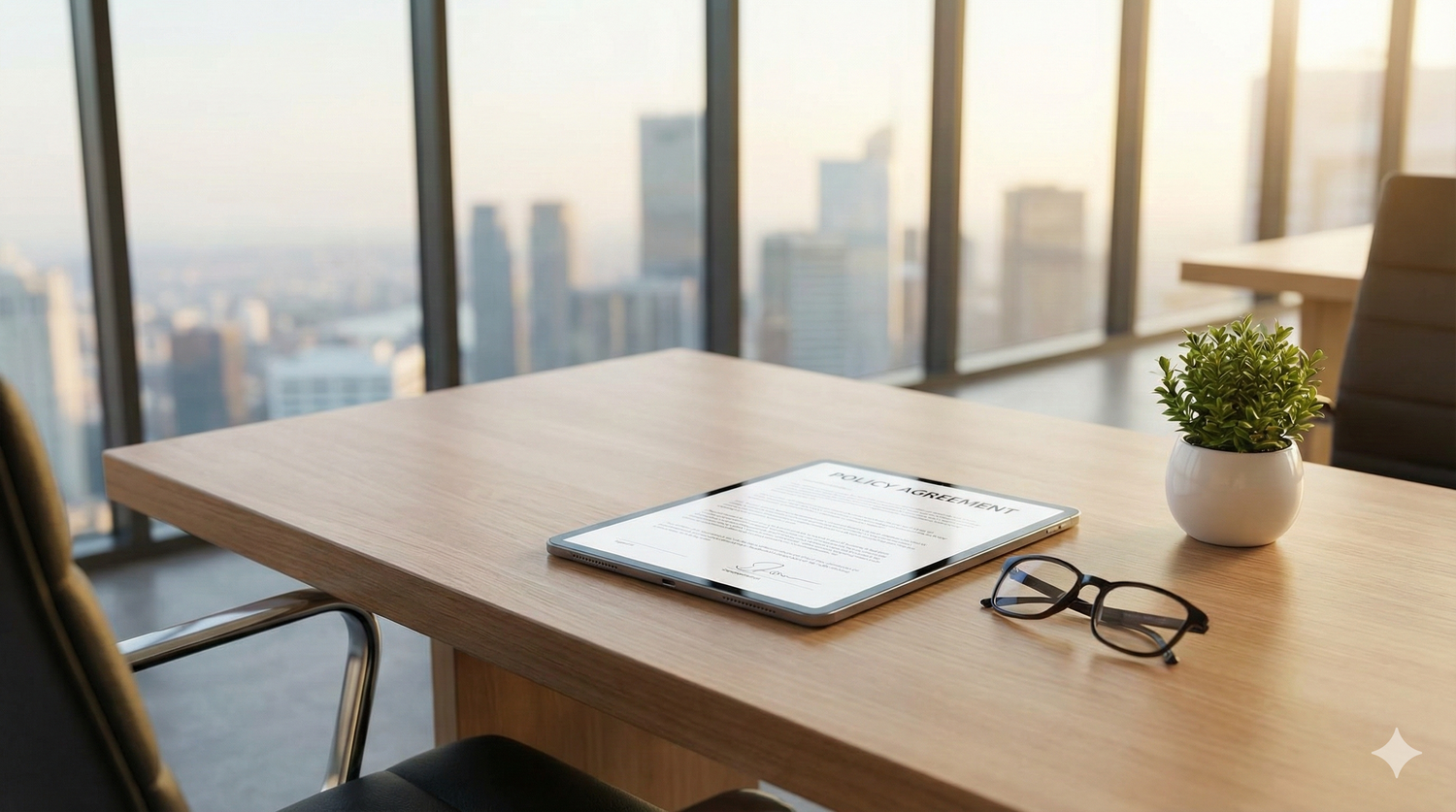 Close-up of a signed contract and pen on a dModern office interior with wooden desks, glass walls, and city skyline views in the background.