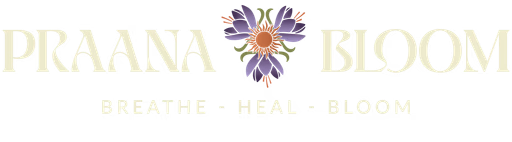 Holistic wellness logo for Praana Bloom featuring a colorful mandala flower and tagline Breathe-Heal-Bloom.