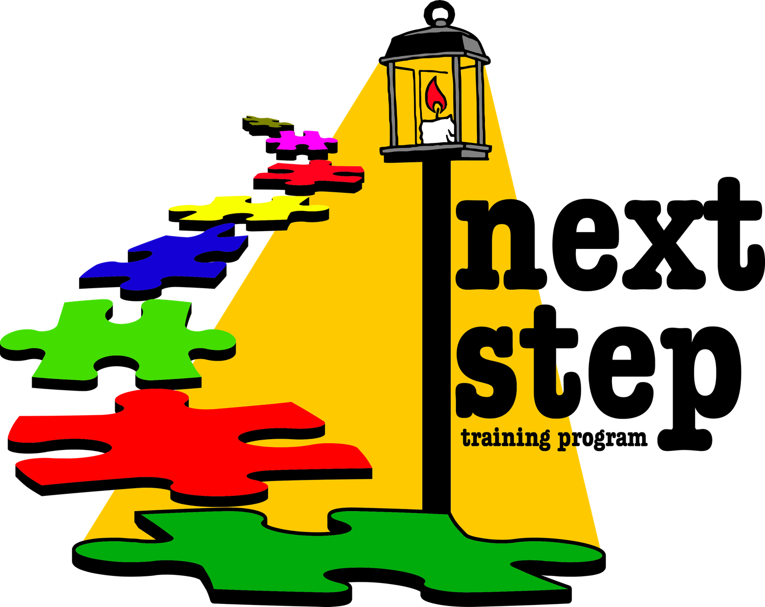 Colorful puzzle pieces form a pyramid shape with a yellow traffic light tower on top, creating a unique training program logo.
