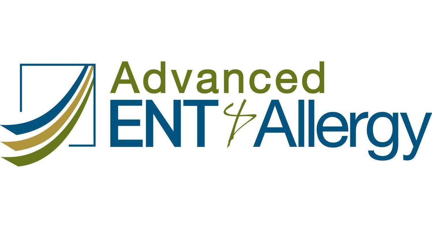 A modern medical logo for Advanced ENT and Allergy featuring a stylized blue and green wing-like design.