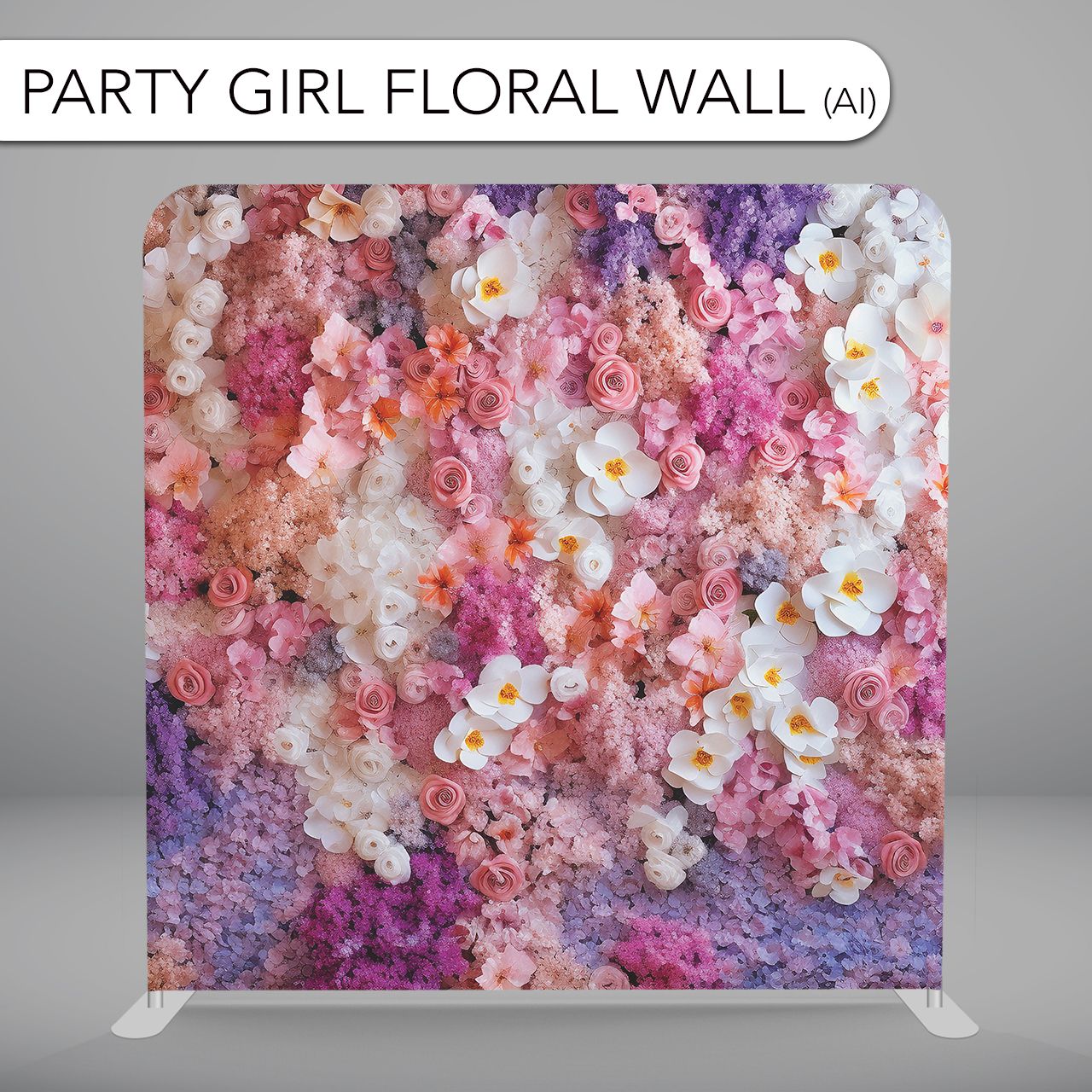 Romantic floral wall display featuring pink, purple and white flowers in a lush arrangement.